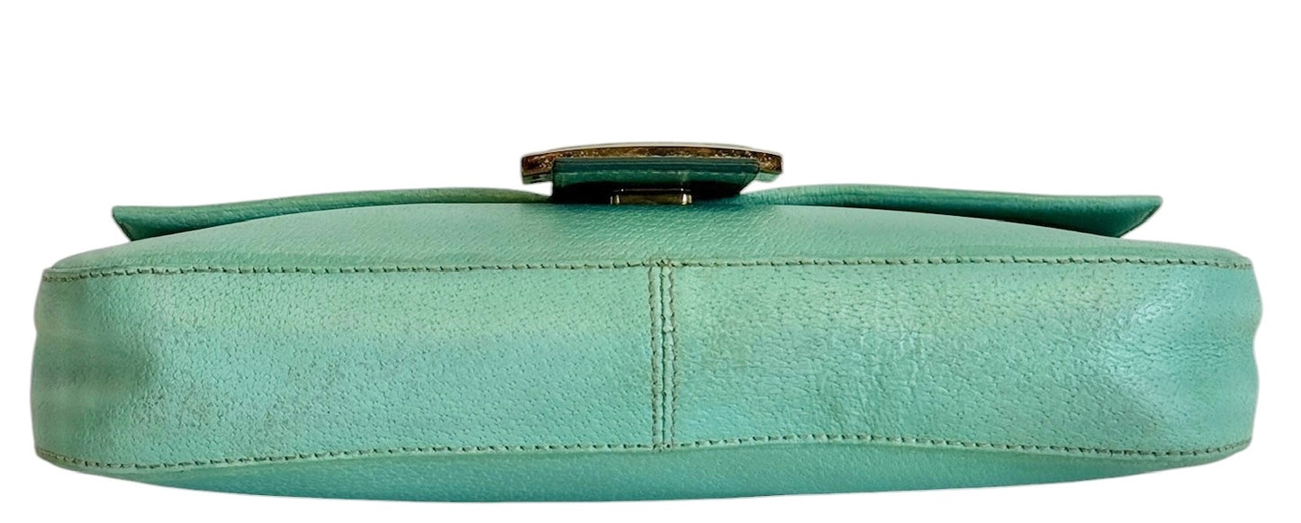 Fendi Vintage Blue Pebbled Leather Quartz Logo Shoulder Baguette Bag