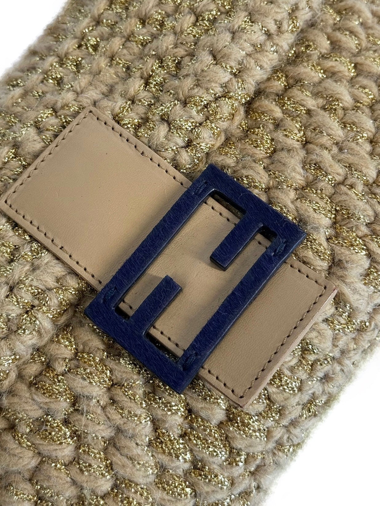 Fendi Vintage Metallic Gold Woven Wool Knit Shoulder Baguette Bag w Purple Pony Hair Logo