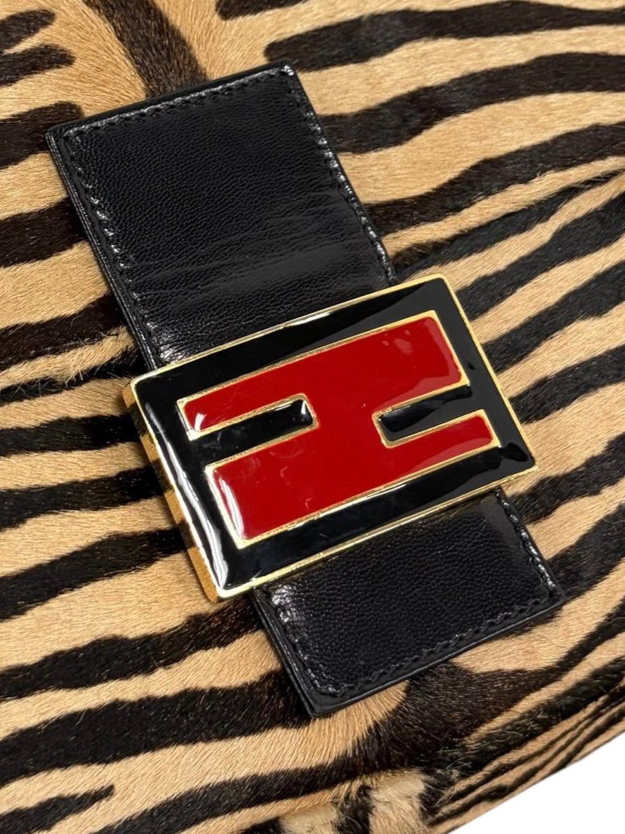 Fendi Vintage Beige Zebra Print Pony Hair Mamma Baguette Shoulder Bag with Red Enamel Trim