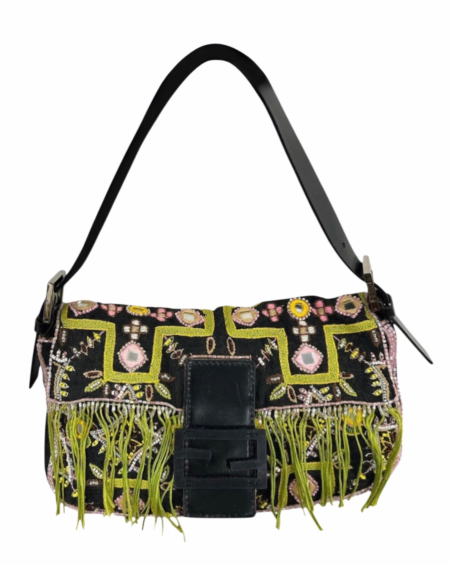 Fendi Vintage Black Knit Embroidered Pink Beaded Green Fringe Embellished Shoulder Baguette Bag