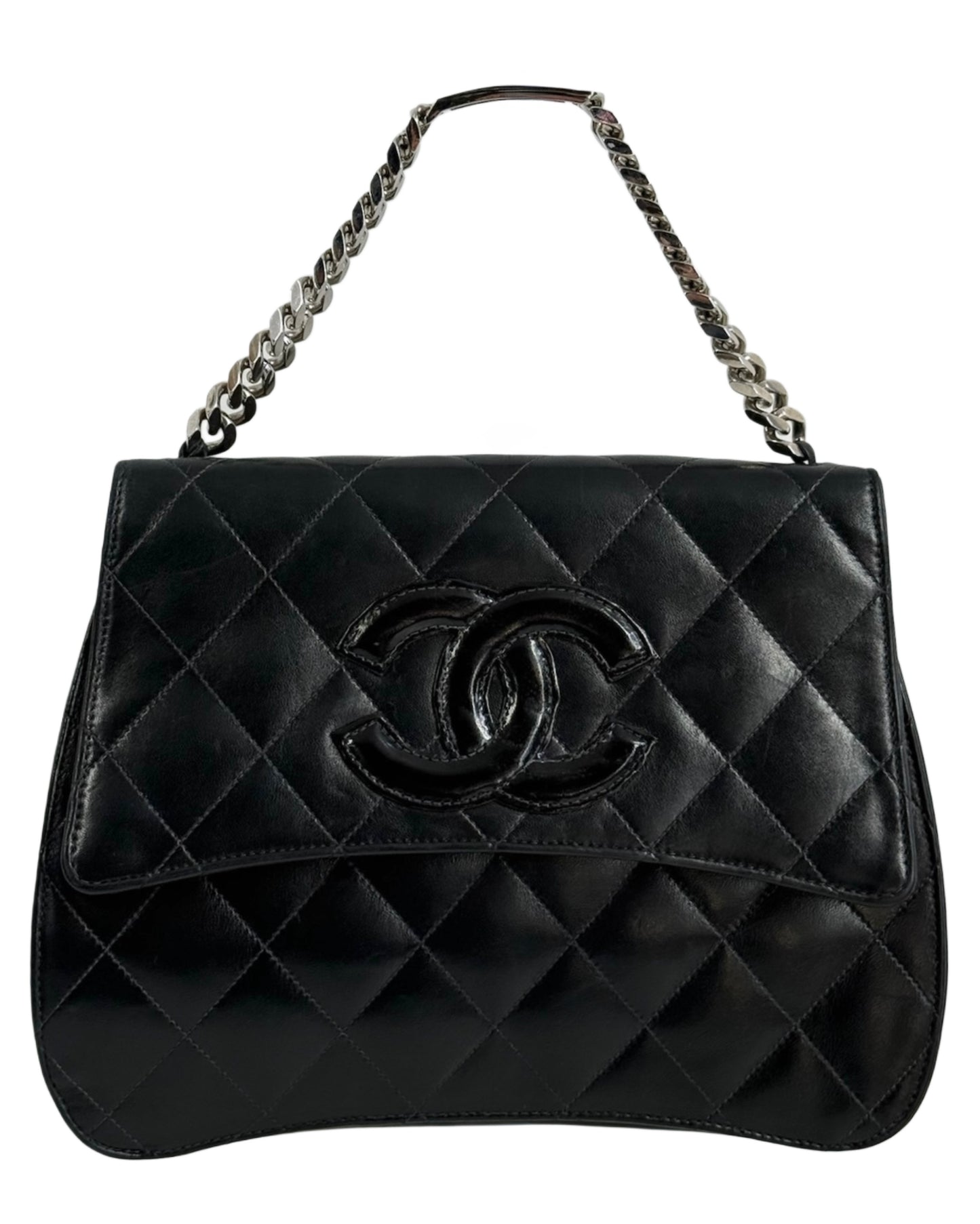 Chanel Vintage 90s Black Quilted Lambskin Patent CC Logo Bracelet Bag