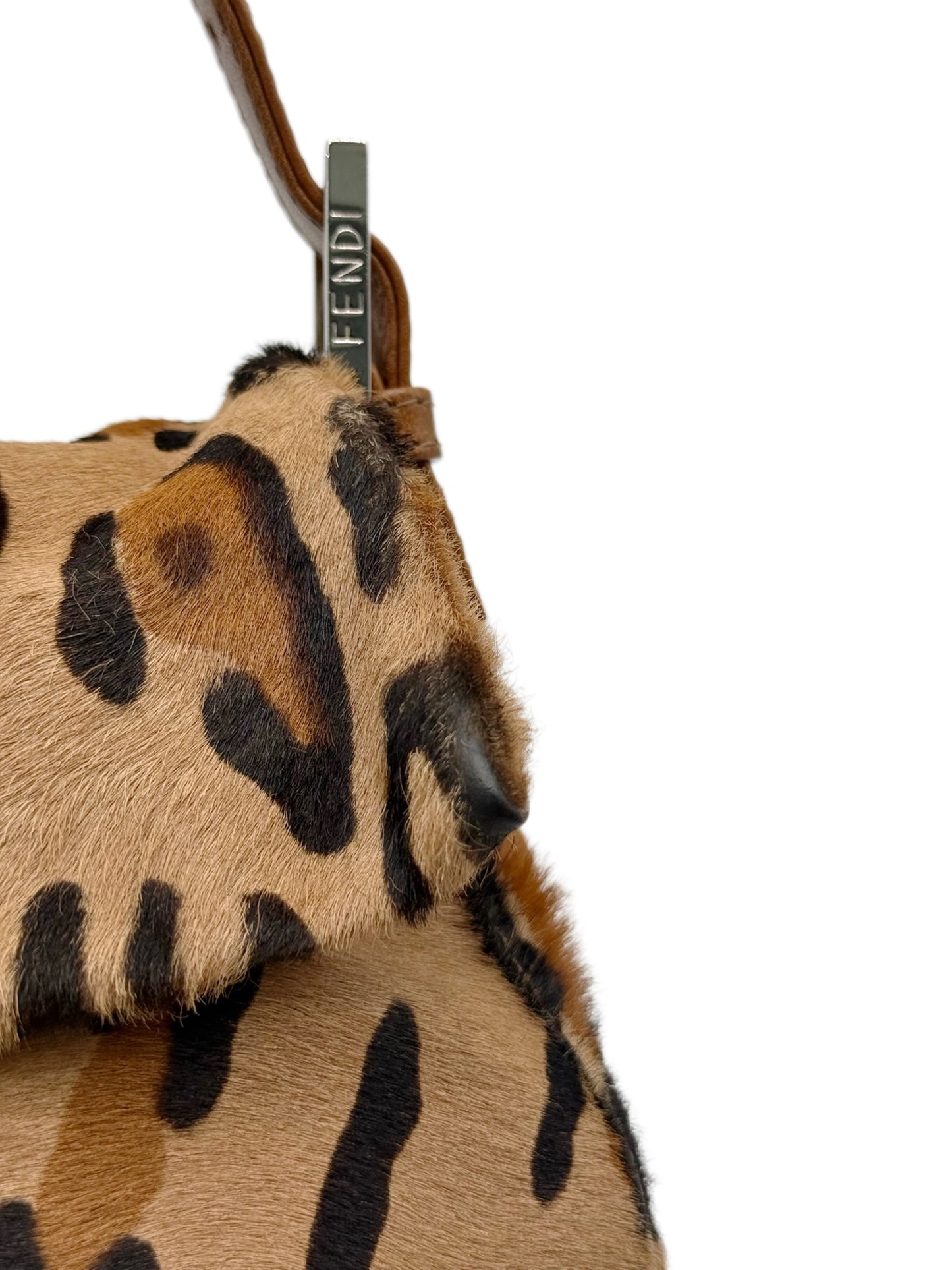 Fendi Vintage Beige Leopard Print Pony Hair Shoulder Baguette Bag