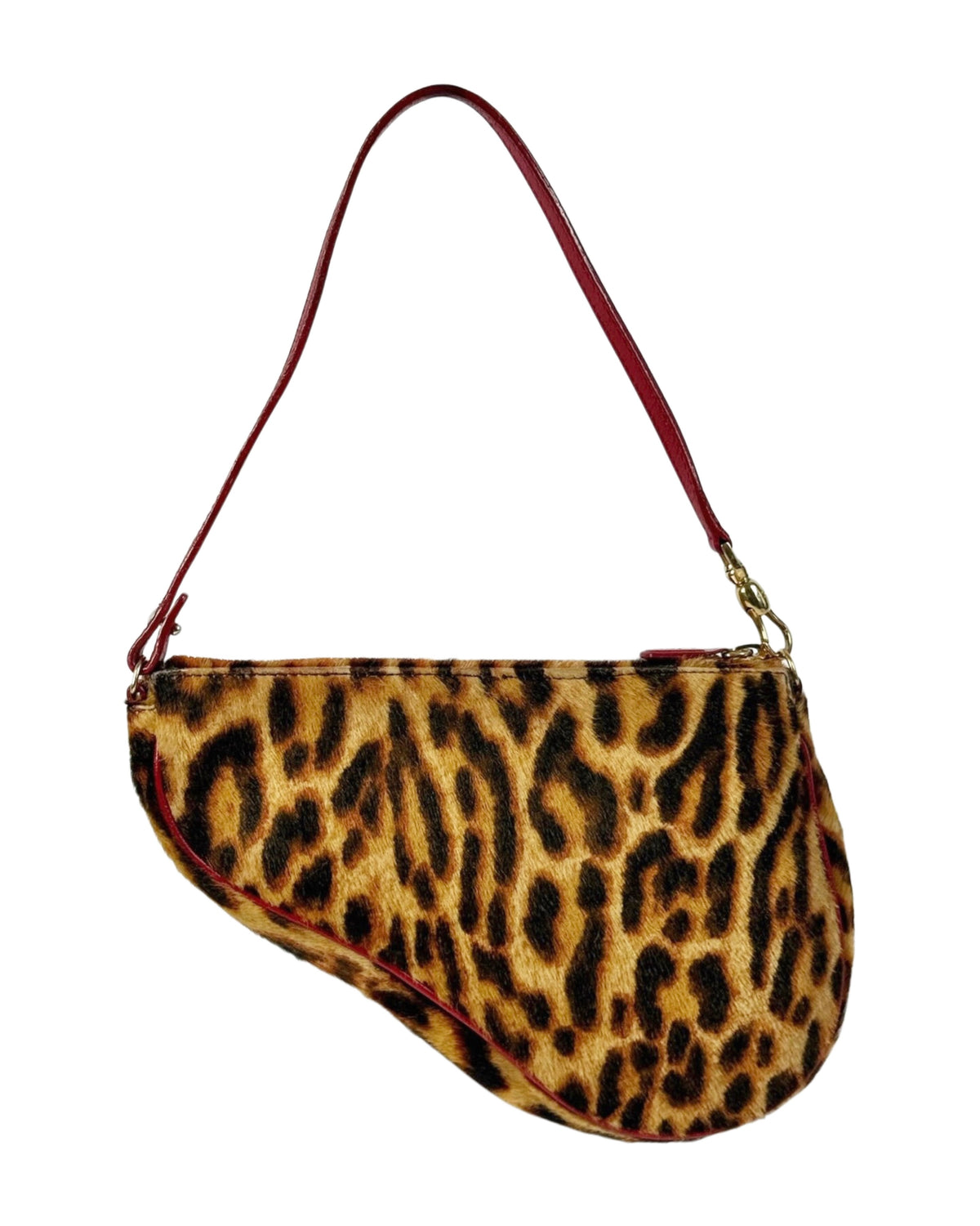 Dior Vintage 2004 Leopard Print Pony Hair Red Trim Mini Saddle Pochette Shoulder Bag