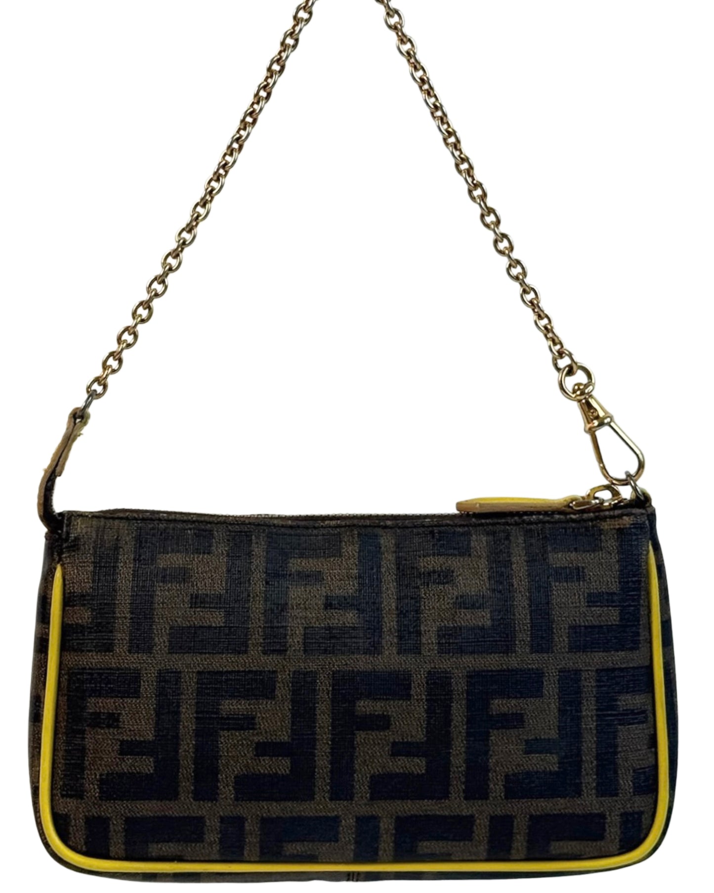 Fendi Vintage Brown Zucca Monogram Coated Canvas Pochette Bag w Yellow Leather Trim