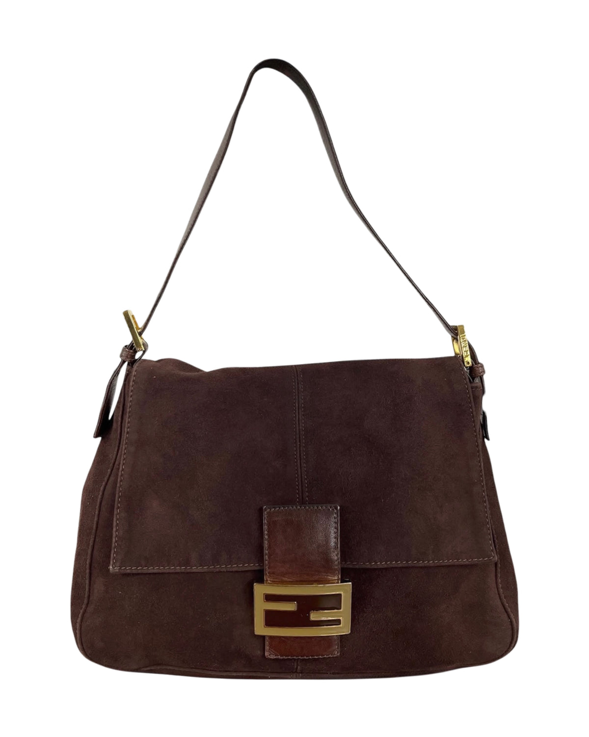 Fendi Vintage 90s Classic Brown Suede Mamma Shoulder Baguette Bag