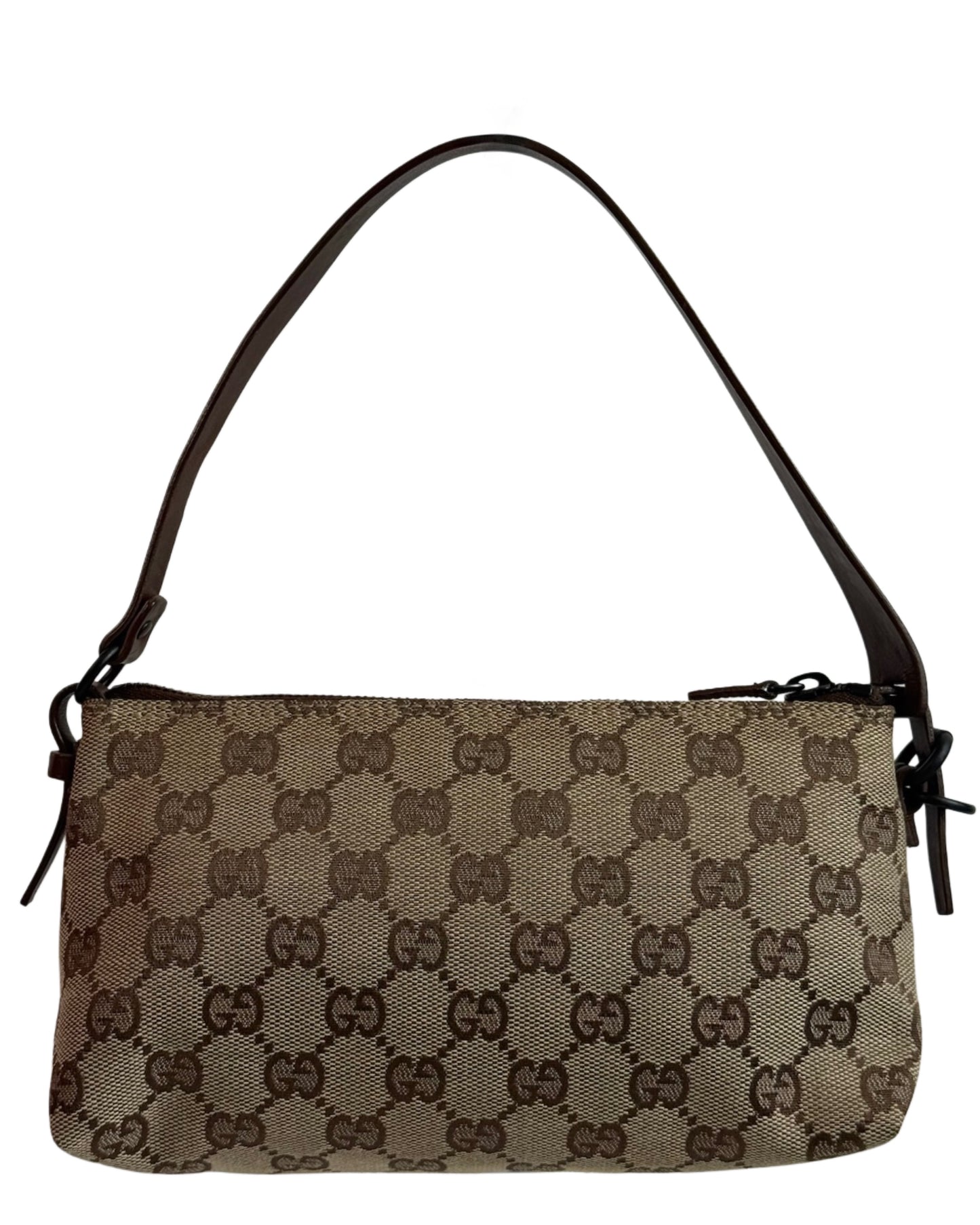 Gucci Vintage Brown GG Monogram Dark Brown Leather Trim Small Pochette Bag