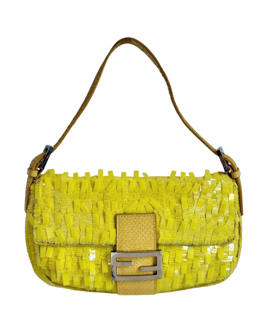 Fendi Vintage Neon Yellow Palliates Sequin Beaded Shoulder Baguette Bag with Python Trim