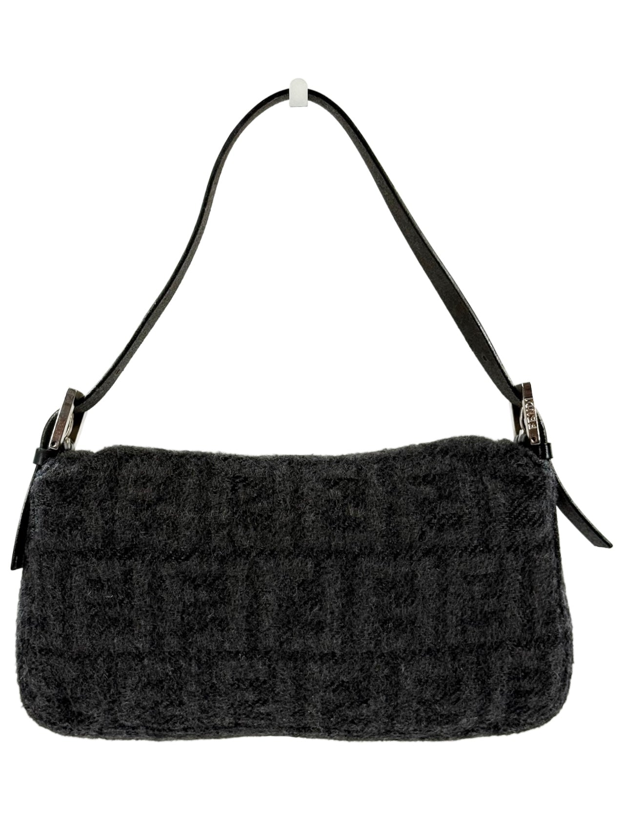 Fendi Vintage Gray Black Zucca Monogram Knit Wool Shoulder Baguette Bag