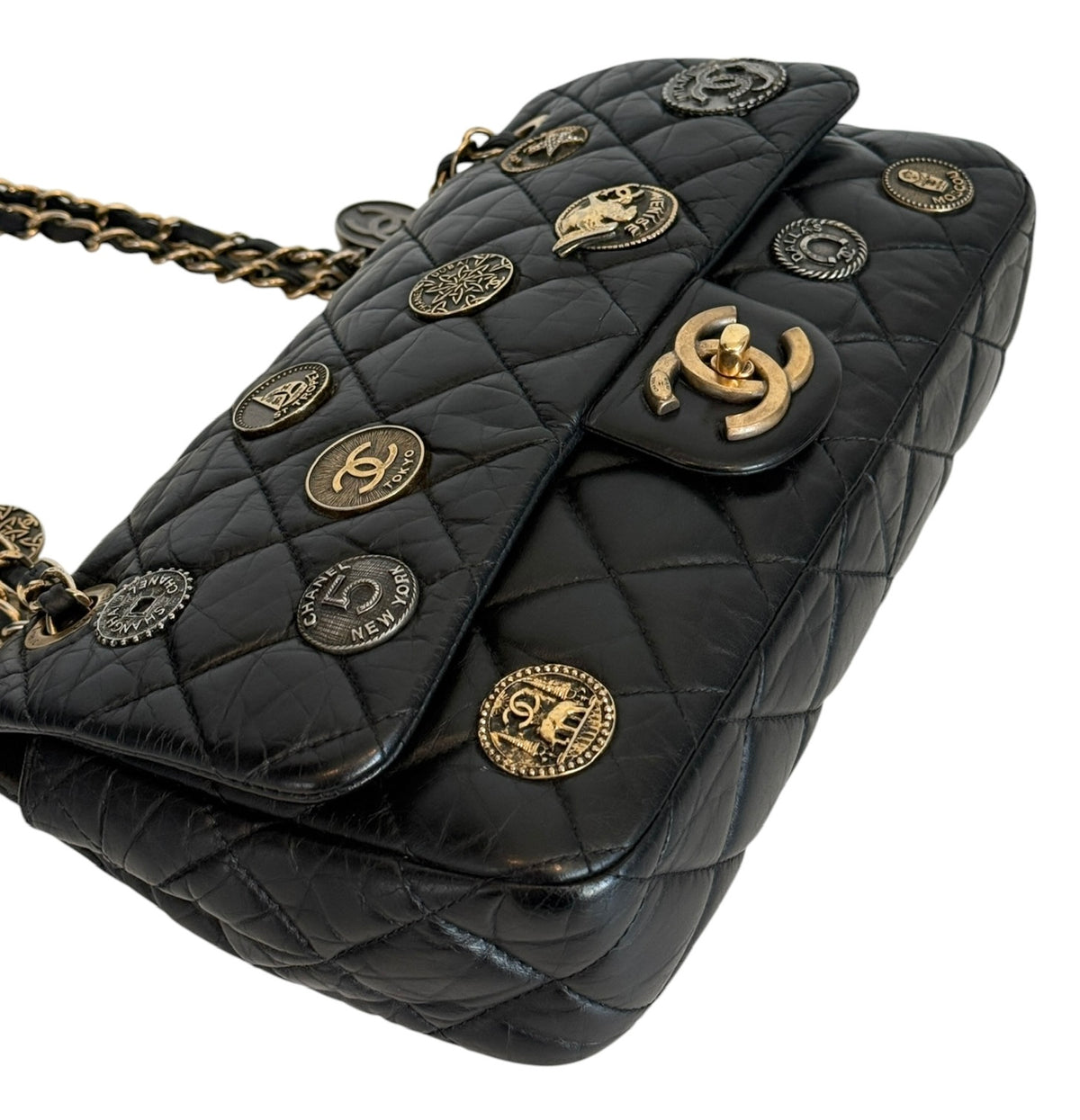 Chanel 2015 Paris-Dubai Black Crinkled Calfskin Medallions Medium Single Flap Bag with AGHW