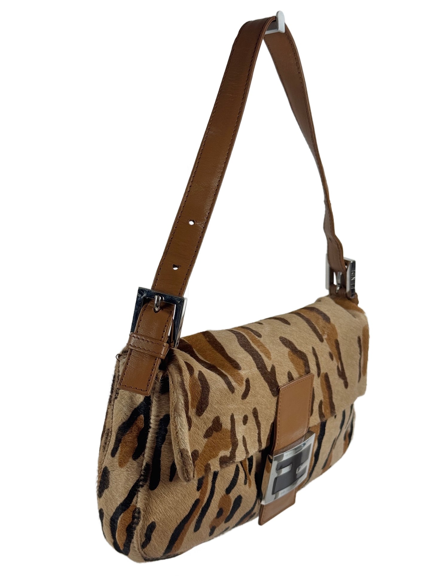 Fendi Vintage Beige Brown Leopard Print Pony Hair Shoulder Baguette Bag
