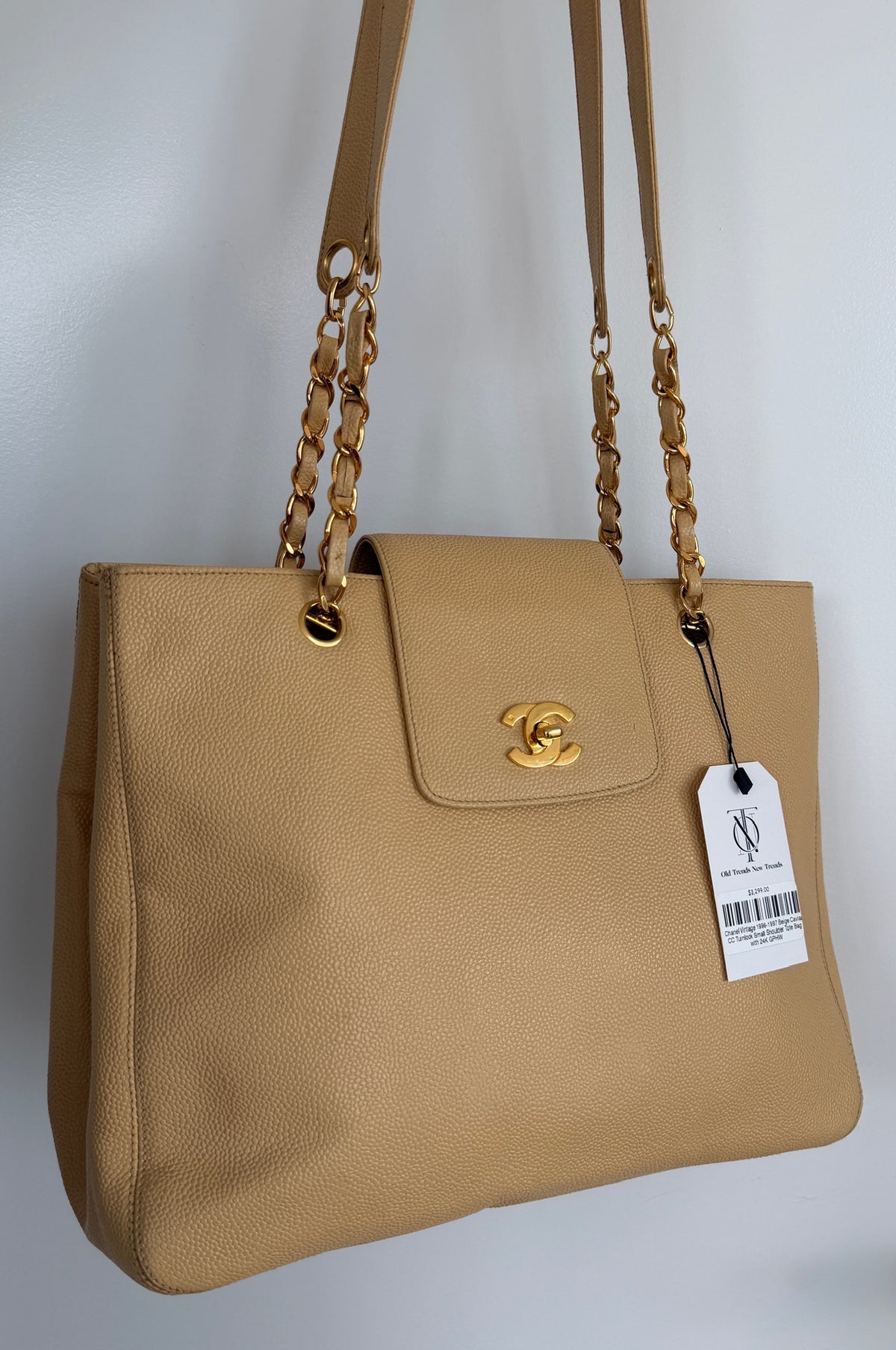 Chanel Vintage 1996-1997 Beige Caviar CC Turnlock Small Shoulder Tote Bag with 24K GPHW