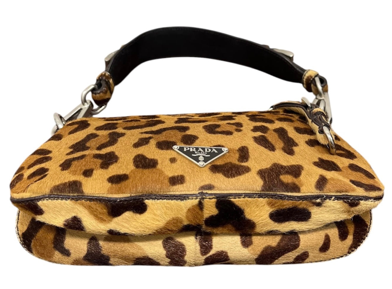 Prada Vintage Brown Leopard Print Pony Hair Cavallino Small Shoulder Bag 