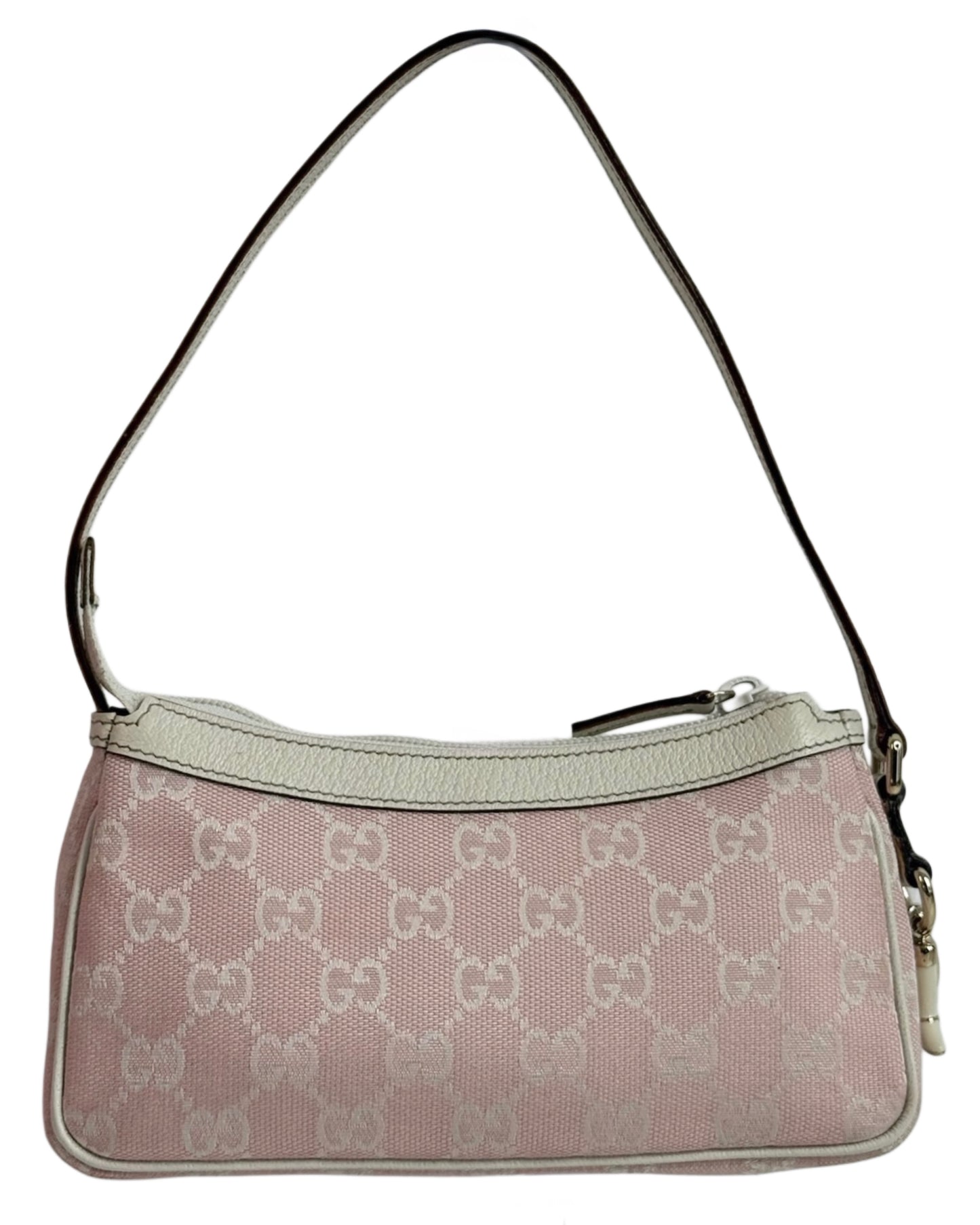 Gucci Vintage Baby Pink GG Monogram Canvas Ivory Leather Trim Mini Charmy Shoulder Pochette Bag