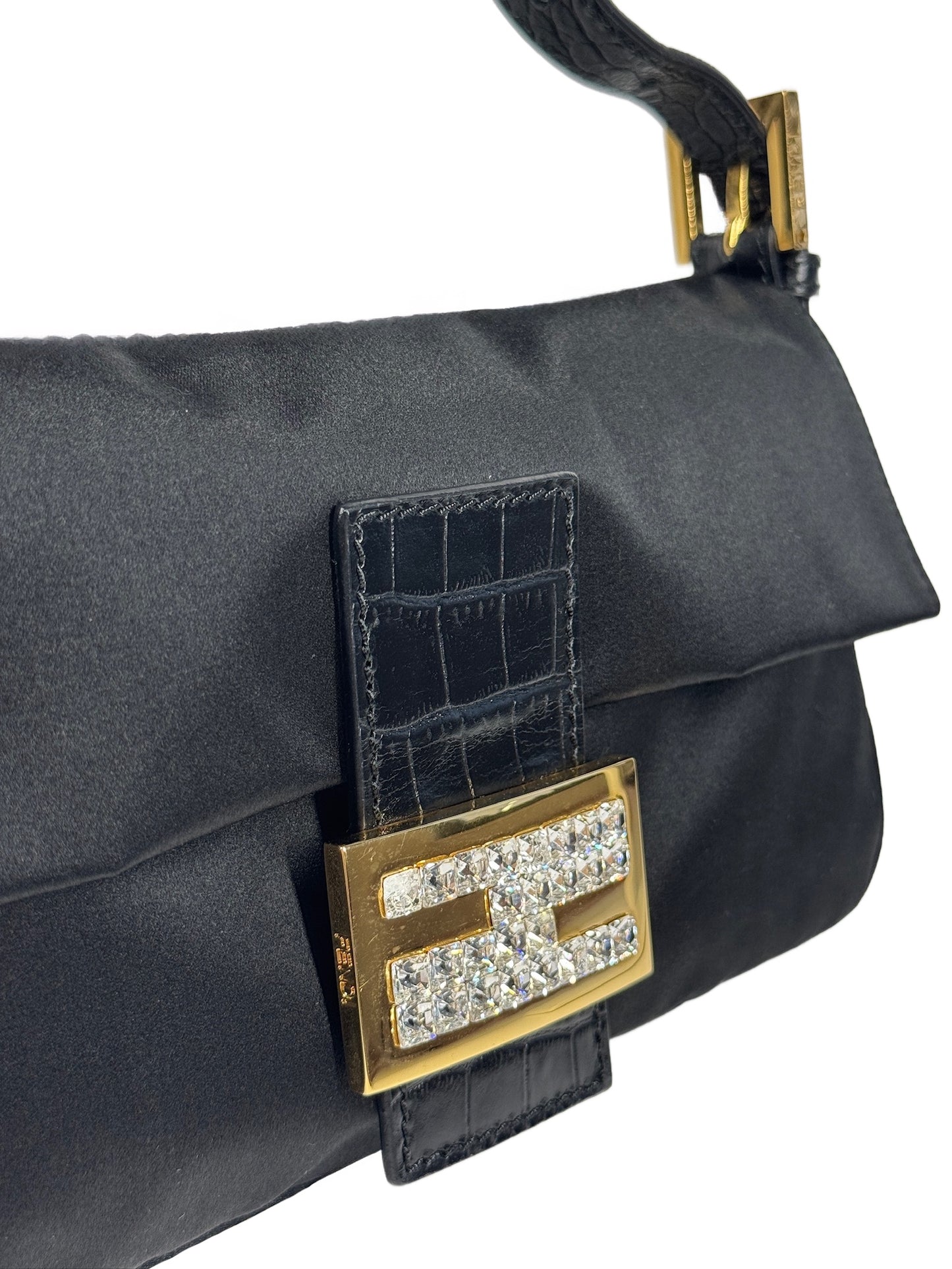 Fendi Black Satin Crystal Crocodile Trim Baguette Shoulder Bag