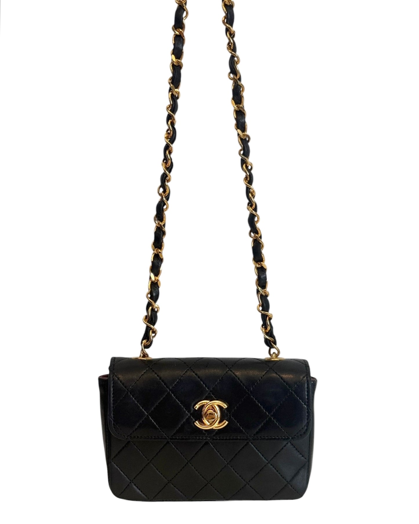Chanel Vintage 80s Black Quilted Lambskin Micro Mini Rectangular Classic Flap Bag with 24K GPHW