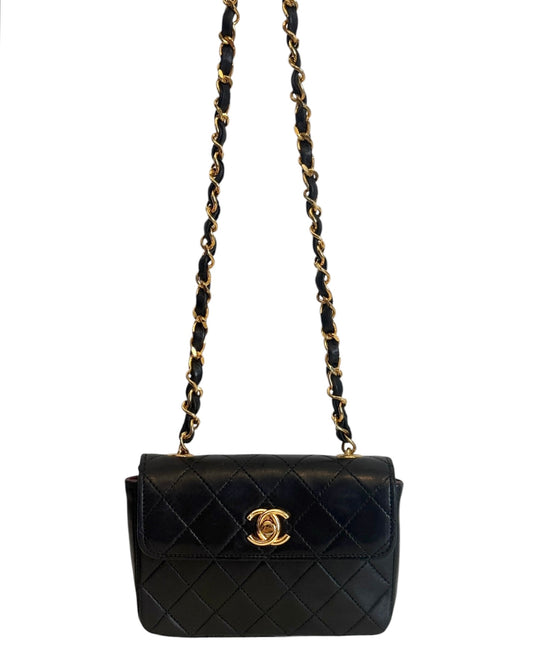 Chanel Vintage 80s Black Quilted Lambskin Micro Mini Rectangular Classic Flap Bag with 24K GPHW