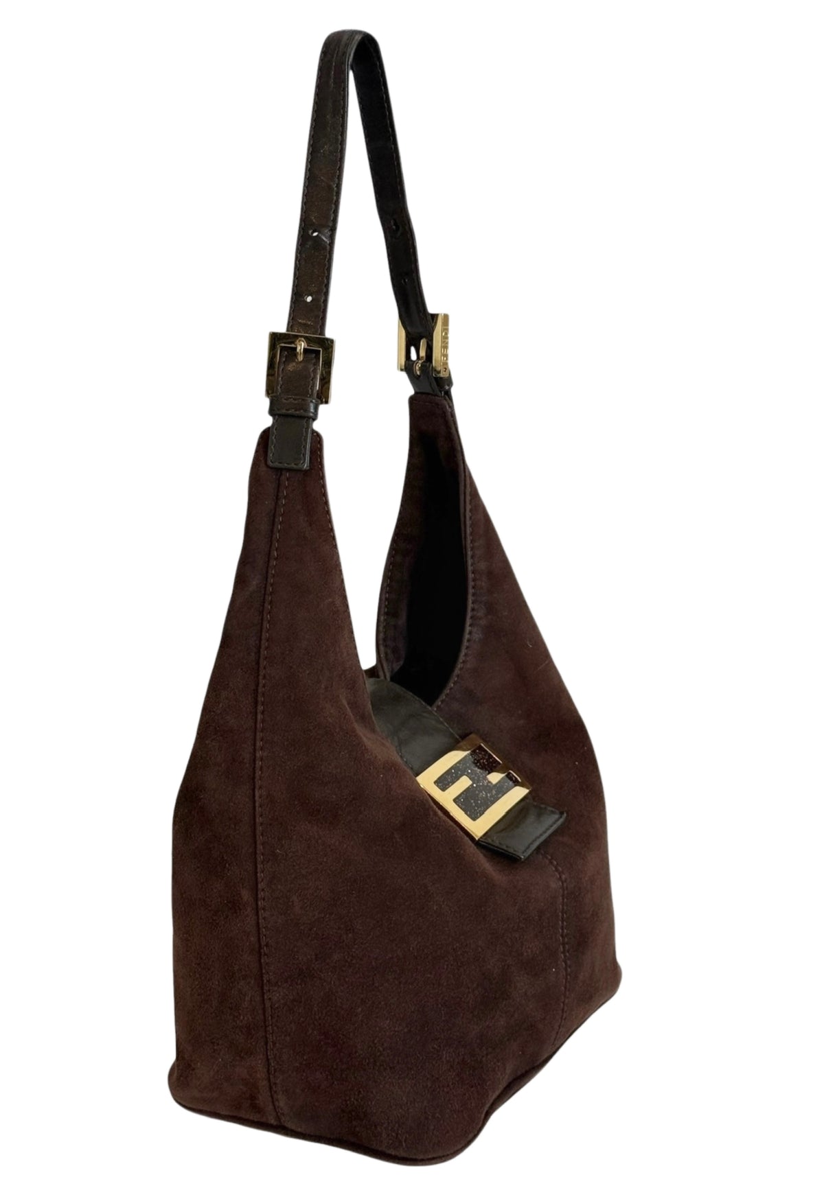 Fendi Vintage Brown Suede Hobo Bucket Shoulder Baguette Bag with Purple Glitter Logo