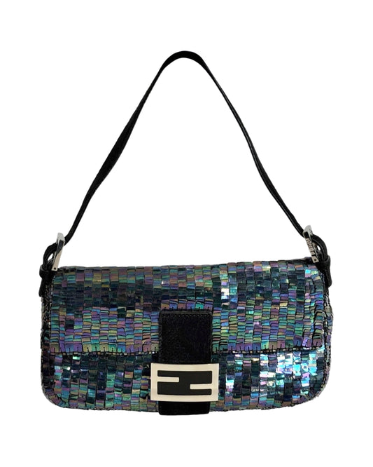 Fendi Vintage Iridescent Black Palliates Sequin Beaded Baguette with Pony Hair Trim