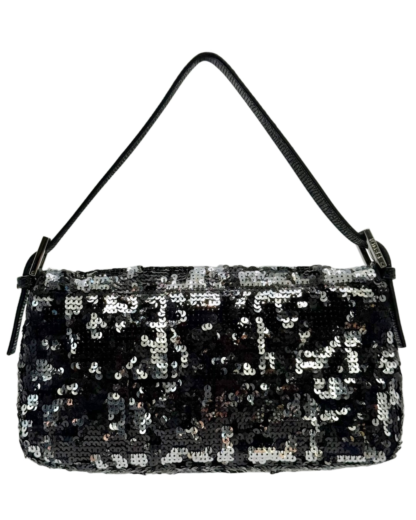 Fendi Vintage Black & Silver Sequin Zucca Monogram Shoulder Baguette Bag w Lizard Trim