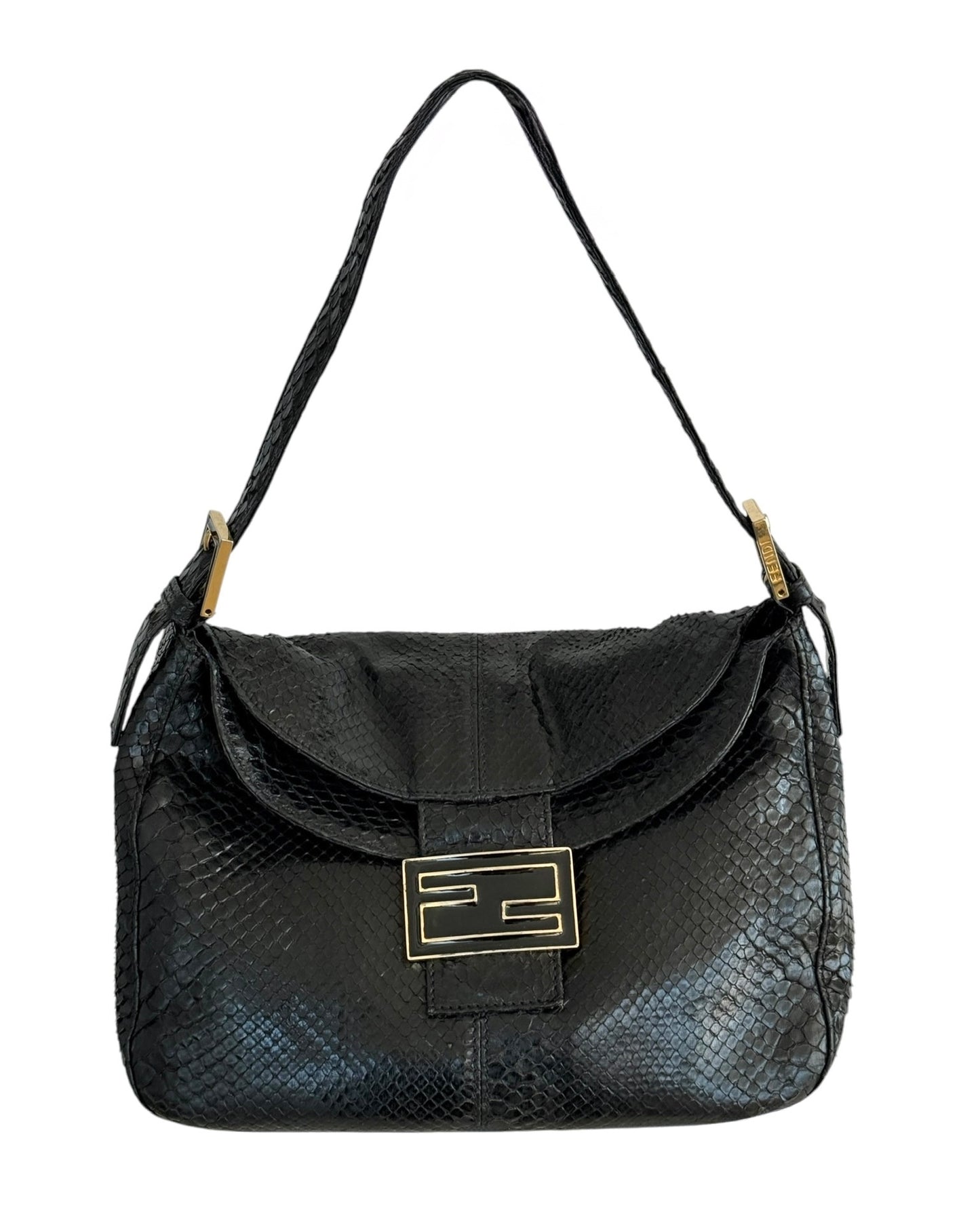 Fendi Vintage Black Python Leather Double Flap Bucket Small Hobo Shoulder Baguette Bag