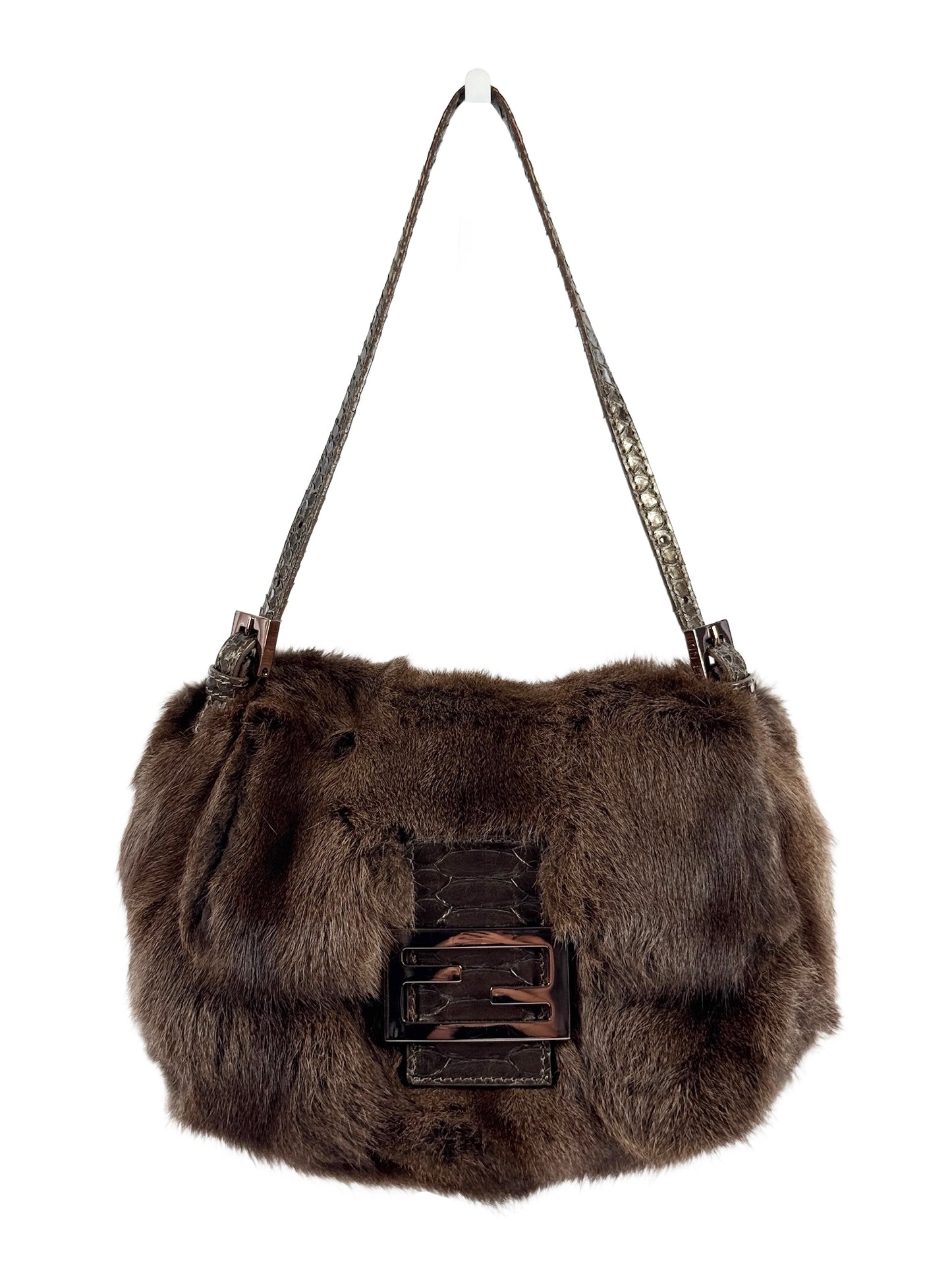 Fendi Brown Rabbit Fur Snakeskin Trim Mini Mamma Baguette Shoulder Bag 