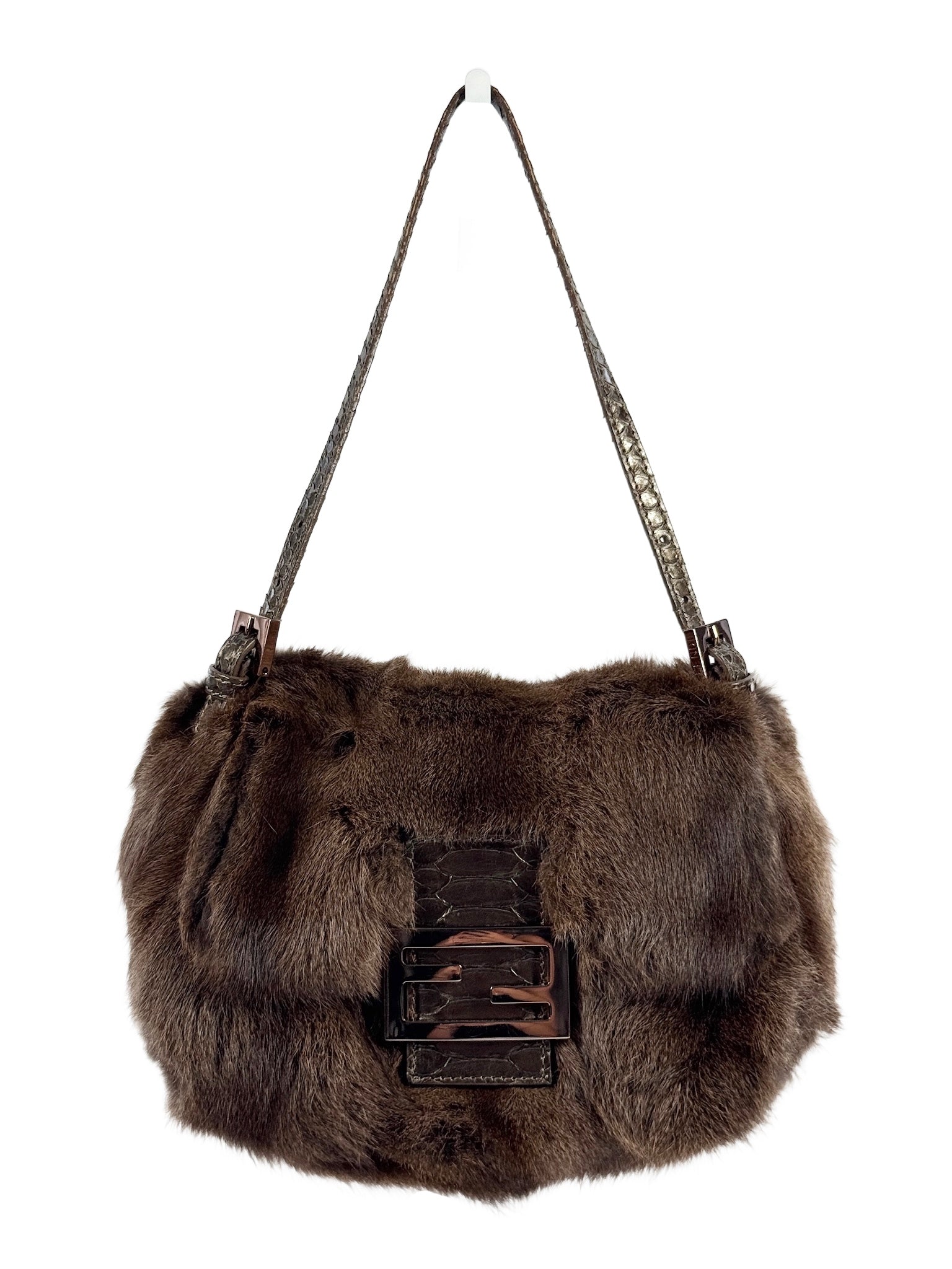 Fendi Brown Rabbit Fur Snakeskin Trim Mini Mamma Baguette Shoulder Bag 