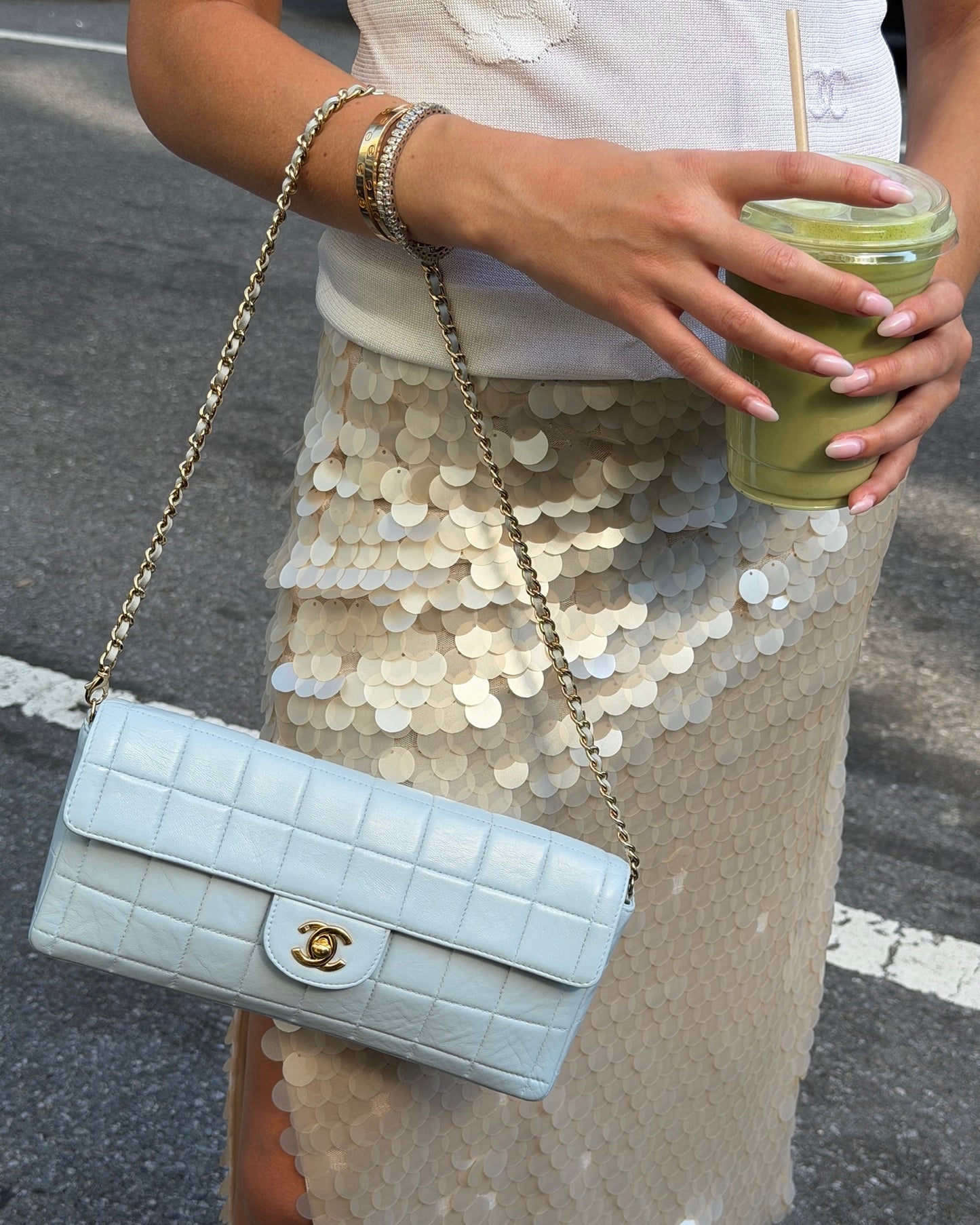 Chanel Vintage 00s Baby Blue Chocolate Bar Quilted Lambskin East West Shoulder Flap Bag - Spa Treated