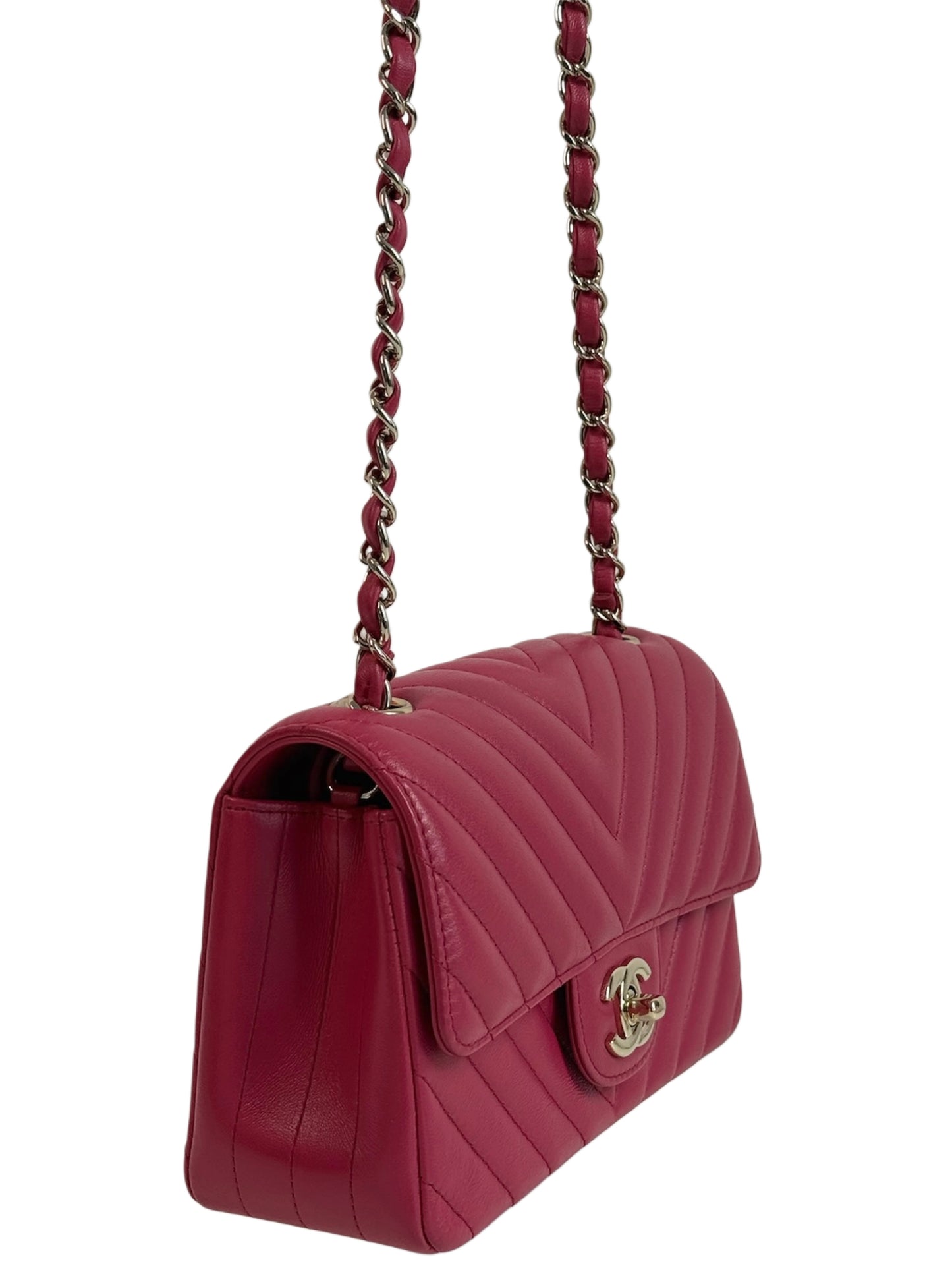 Chanel 2019 Fuchsia Pink Chevron Lambskin Mini Rectangular Classic Flap Crossbody Bag