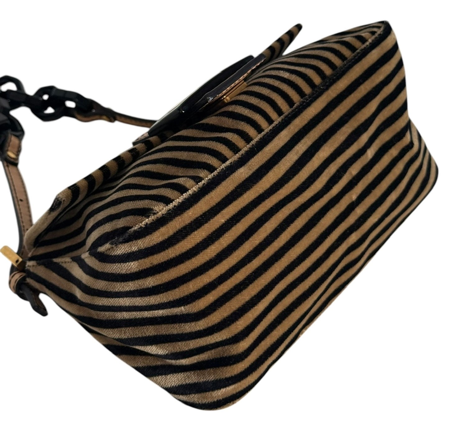 Fendi Vintage Velour Velvet Beige & Black Striped Chain Link Mini Mamma Shoulder Baguette Bag with Acrylic Chain Handle 