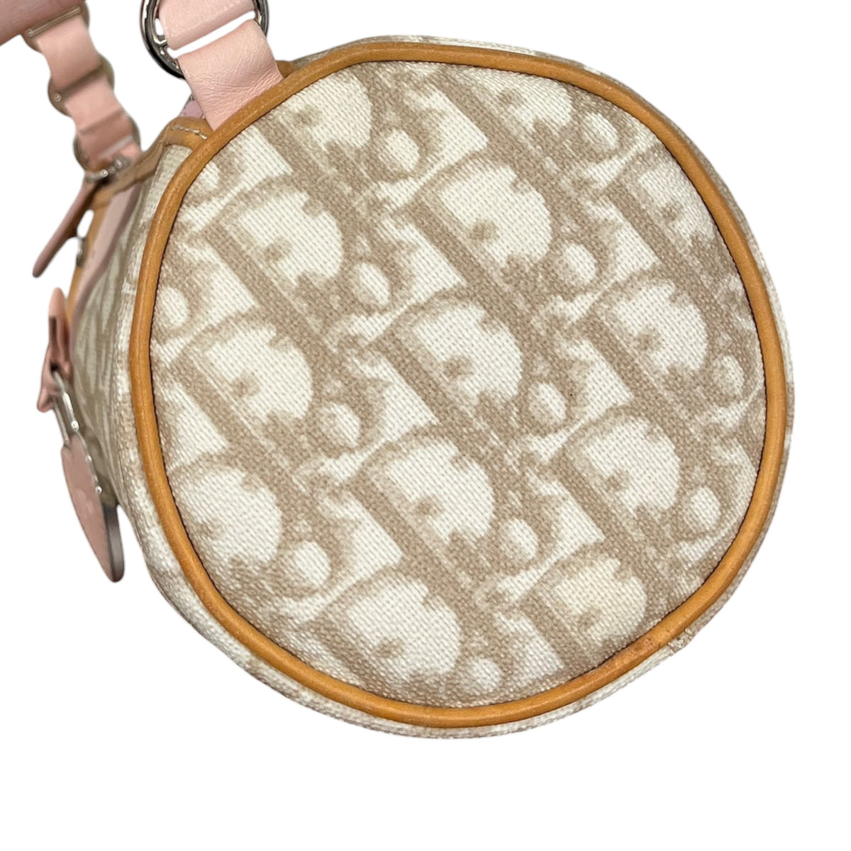 Dior Vintage 2007 Beige Diorissimo Monogram Romantique Pink Heart Mini Barrel Pochette Bag