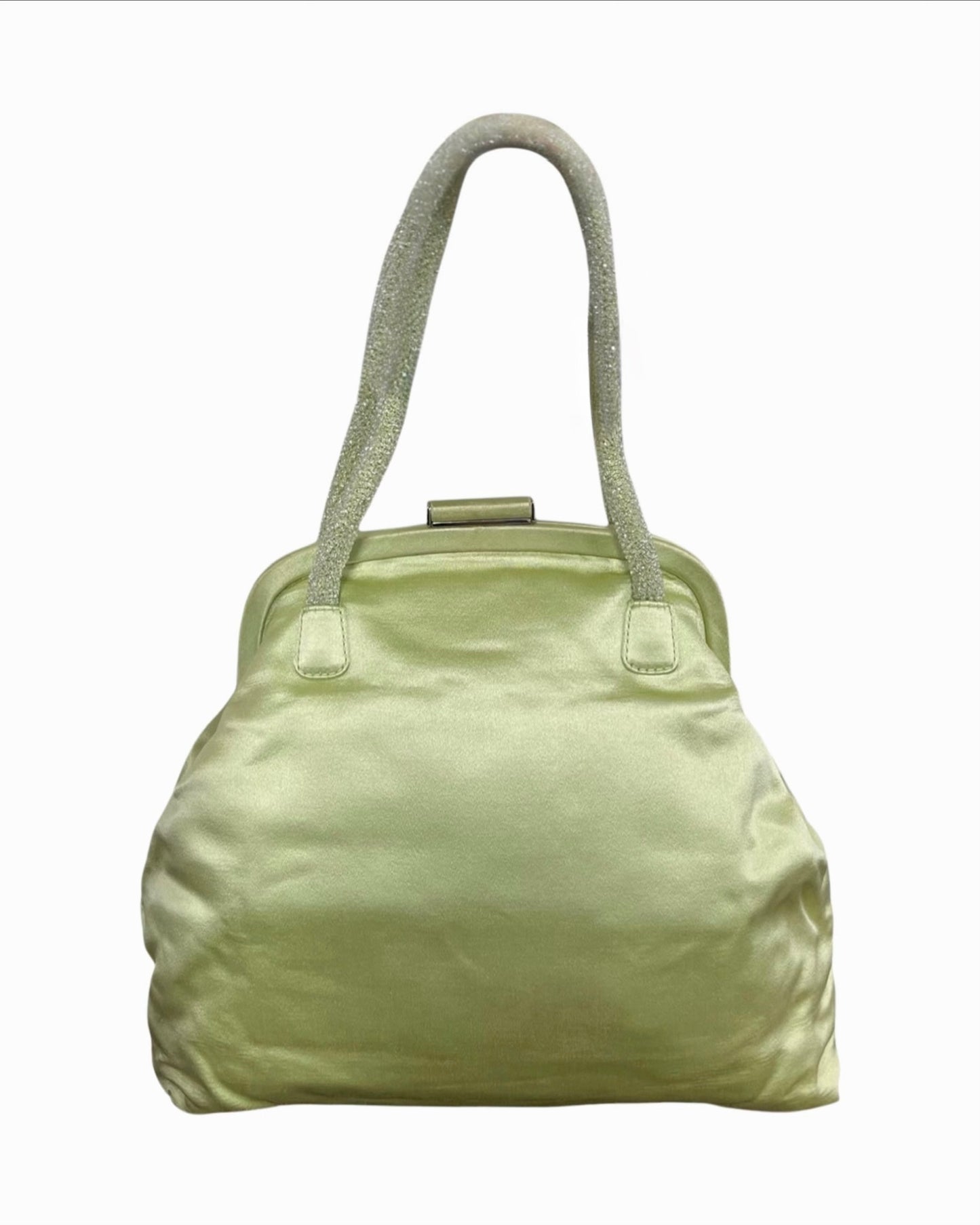 Gucci Vintage Pastel Lime Green Satin GG Beaded Small Kisslock Evening Bag