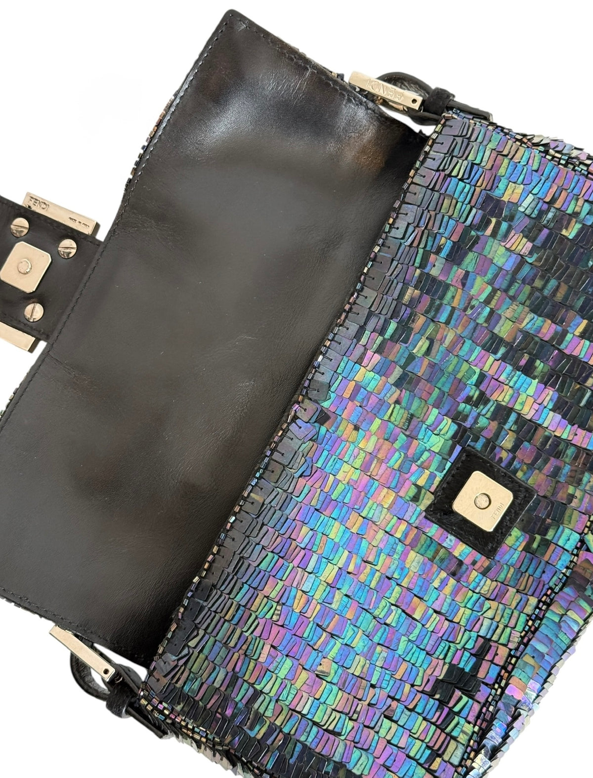 Fendi Vintage Iridescent Black Palliates Sequin Beaded Baguette with Pony Hair Trim
