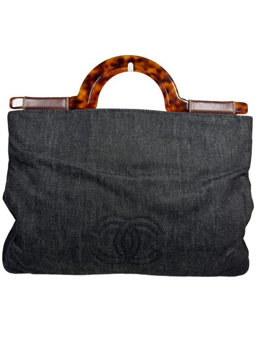 Chanel Vintage 90s Dark Gray / Black Denim & Tortoise Top Handle Tote Bag