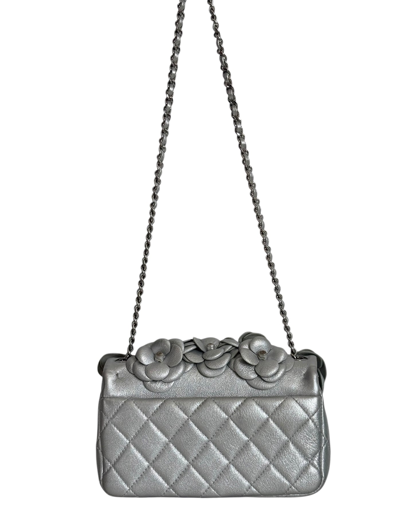 Chanel 2016 Metallic Silver Camellia Floral Lambskin Appliqué Classic Mini Rectangular Flap Bag