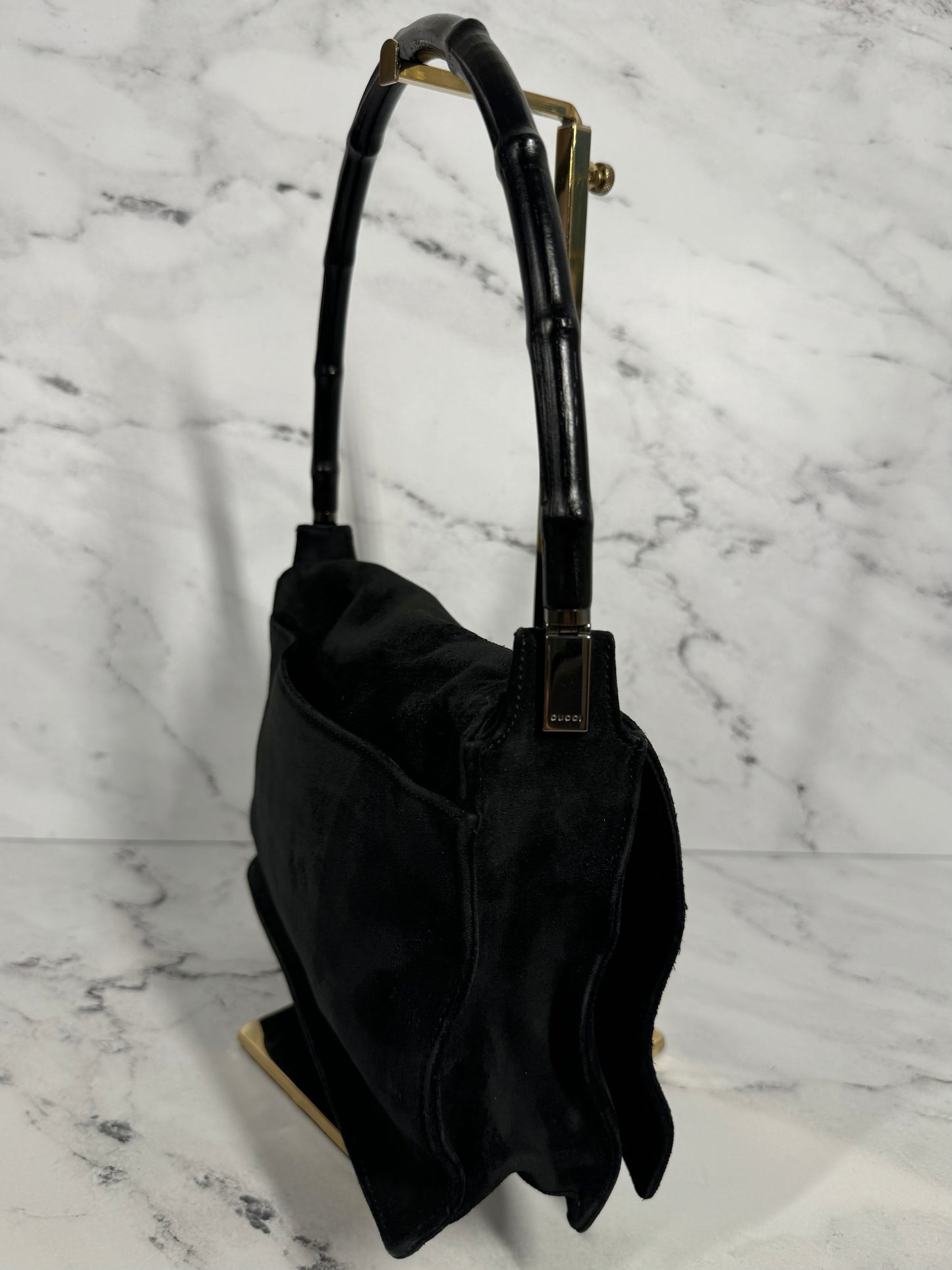 Gucci Vintage Black Suede Bamboo Top Handle Bag