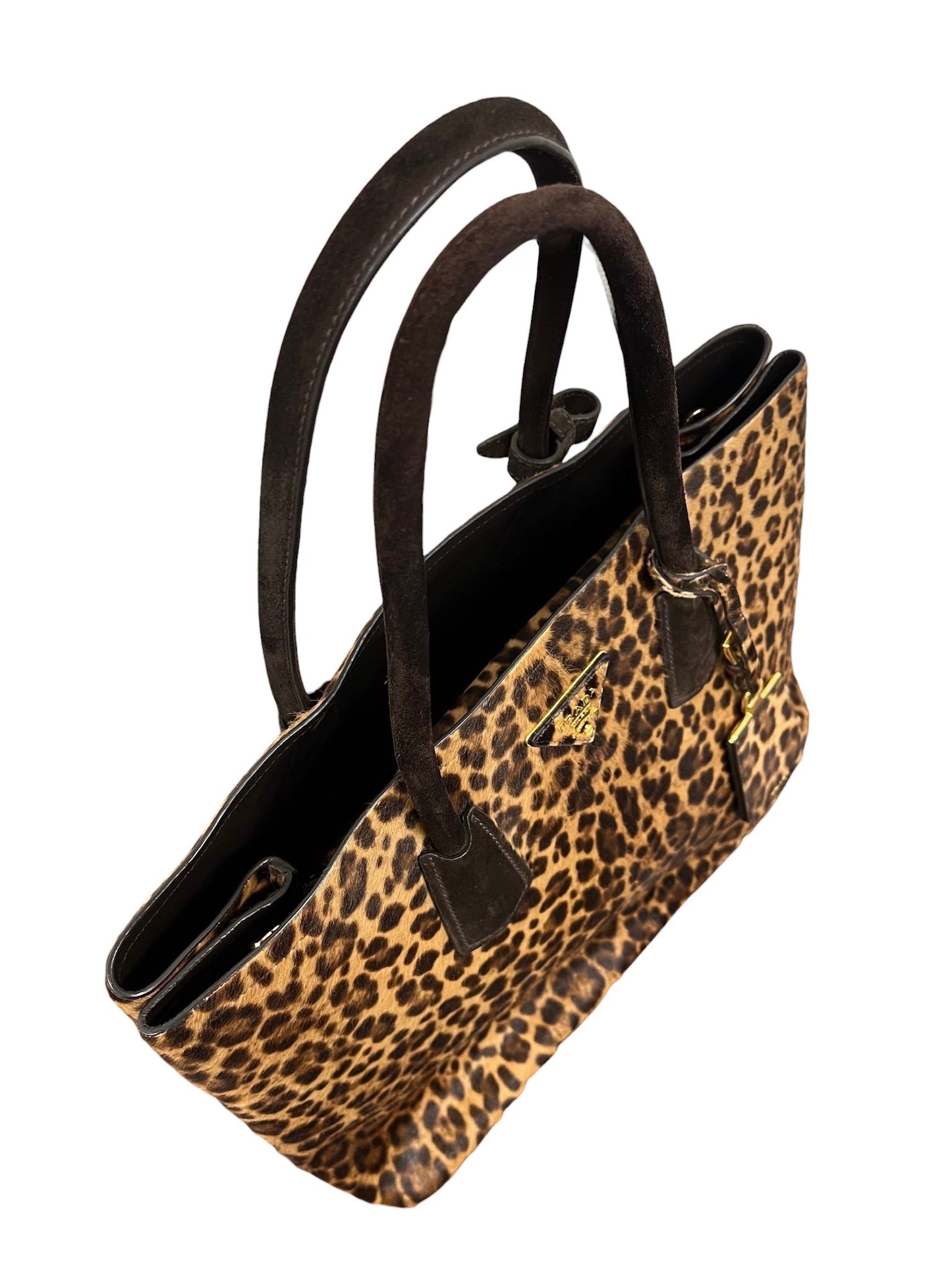 Prada Vintage Brown Suede & Leopard Print Pony Hair Large Two-Way Shoulder Tote Bag