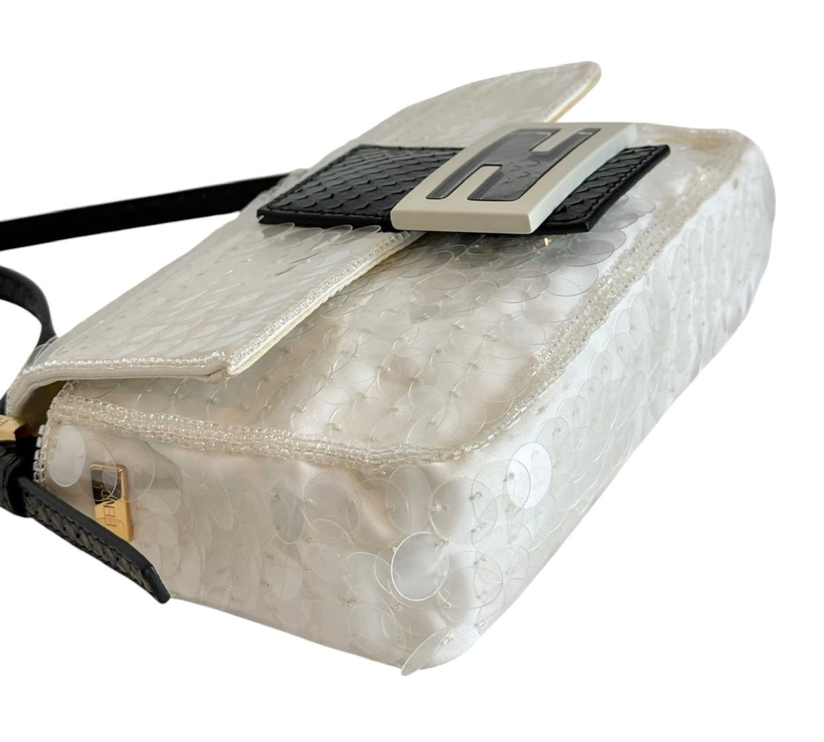 Fendi White Sequin Beaded Re-Edition Mini Shoulder Baguette Bag with Black Python Trim