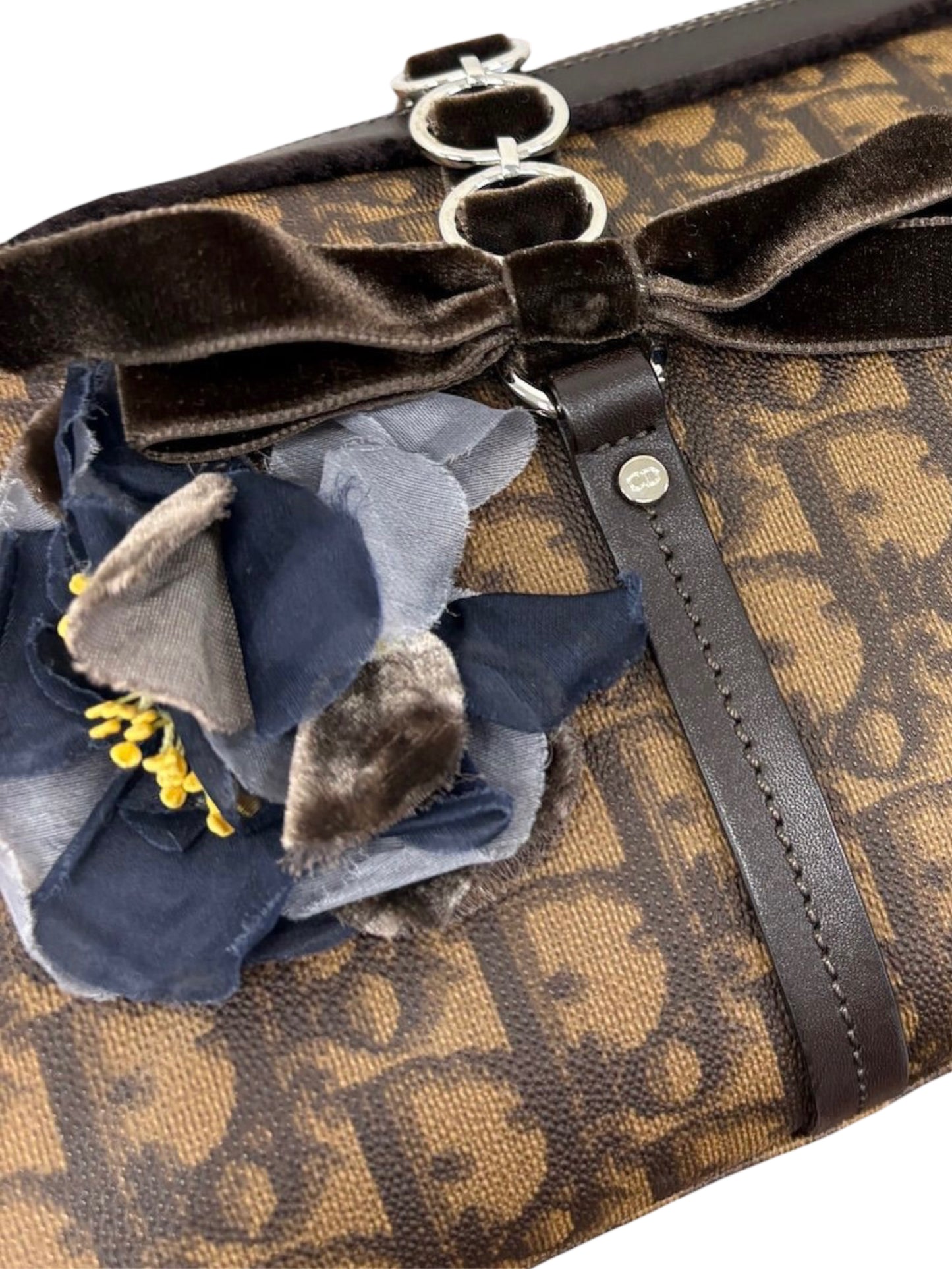 Dior Vintage 2005 Brown Diorissimo Monogram Canvas Romantique Velvet Bow Floral Trotter East West Shoulder Bag