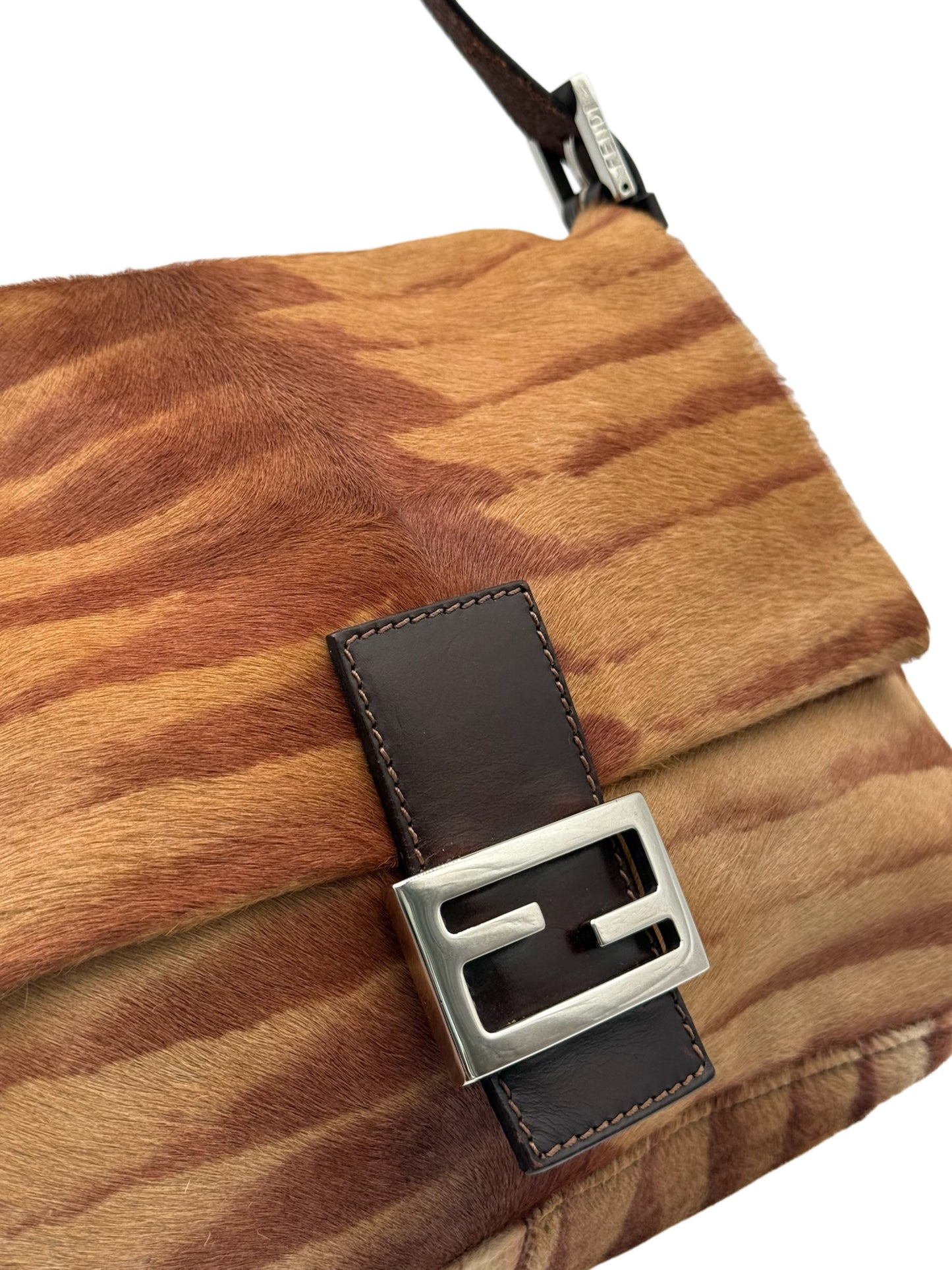 Fendi Vintage Brown Giraffe Animal Print Pony Hair Mamma Baguette Shoulder Bag