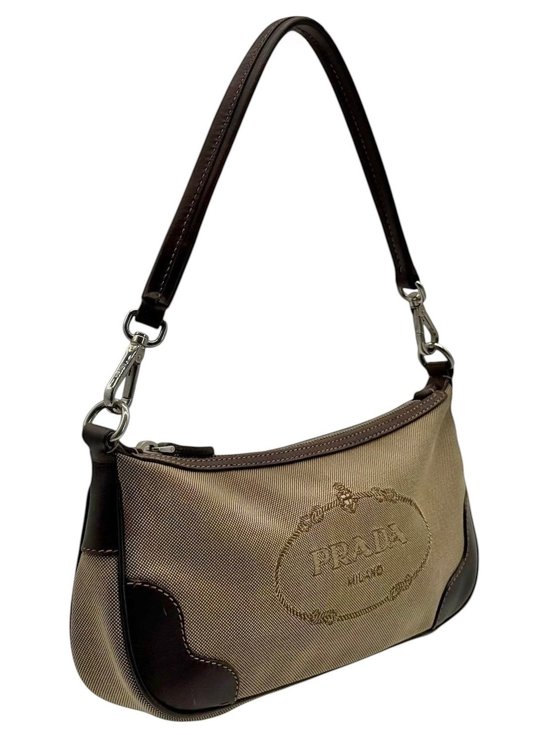 Prada Beige Jacquard Canapa Canvas Shoulder Pochette Bag