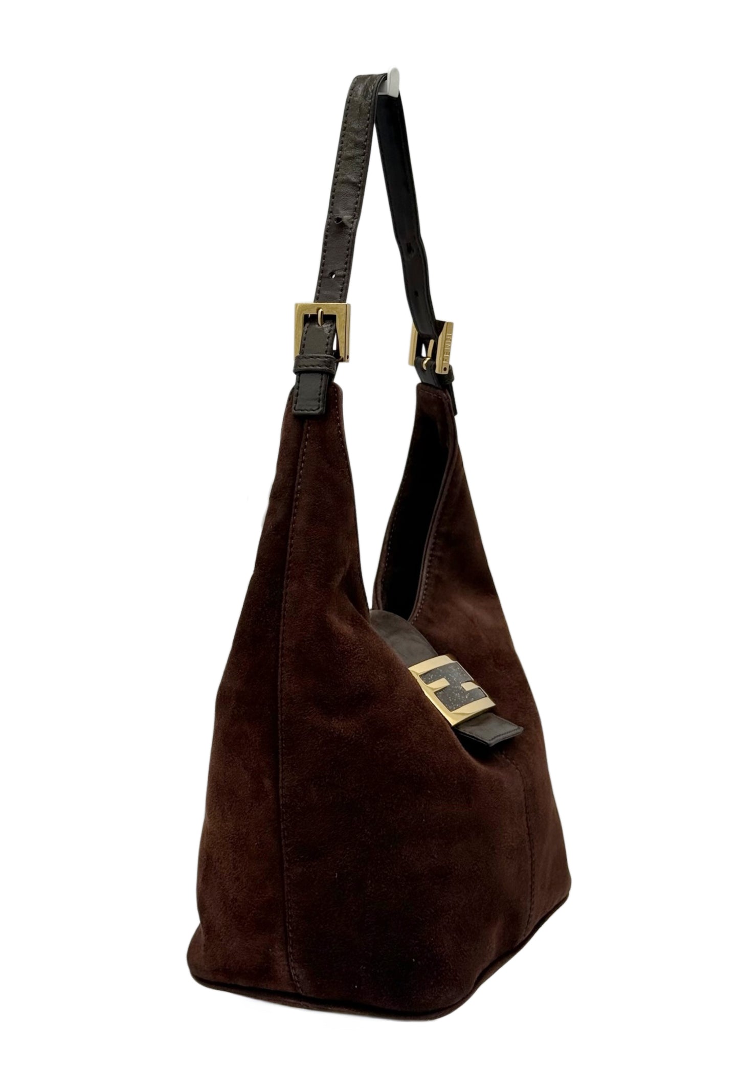 Fendi Vintage Brown Suede Hobo Bucket Shoulder Baguette Bag with Purple Glitter Logo