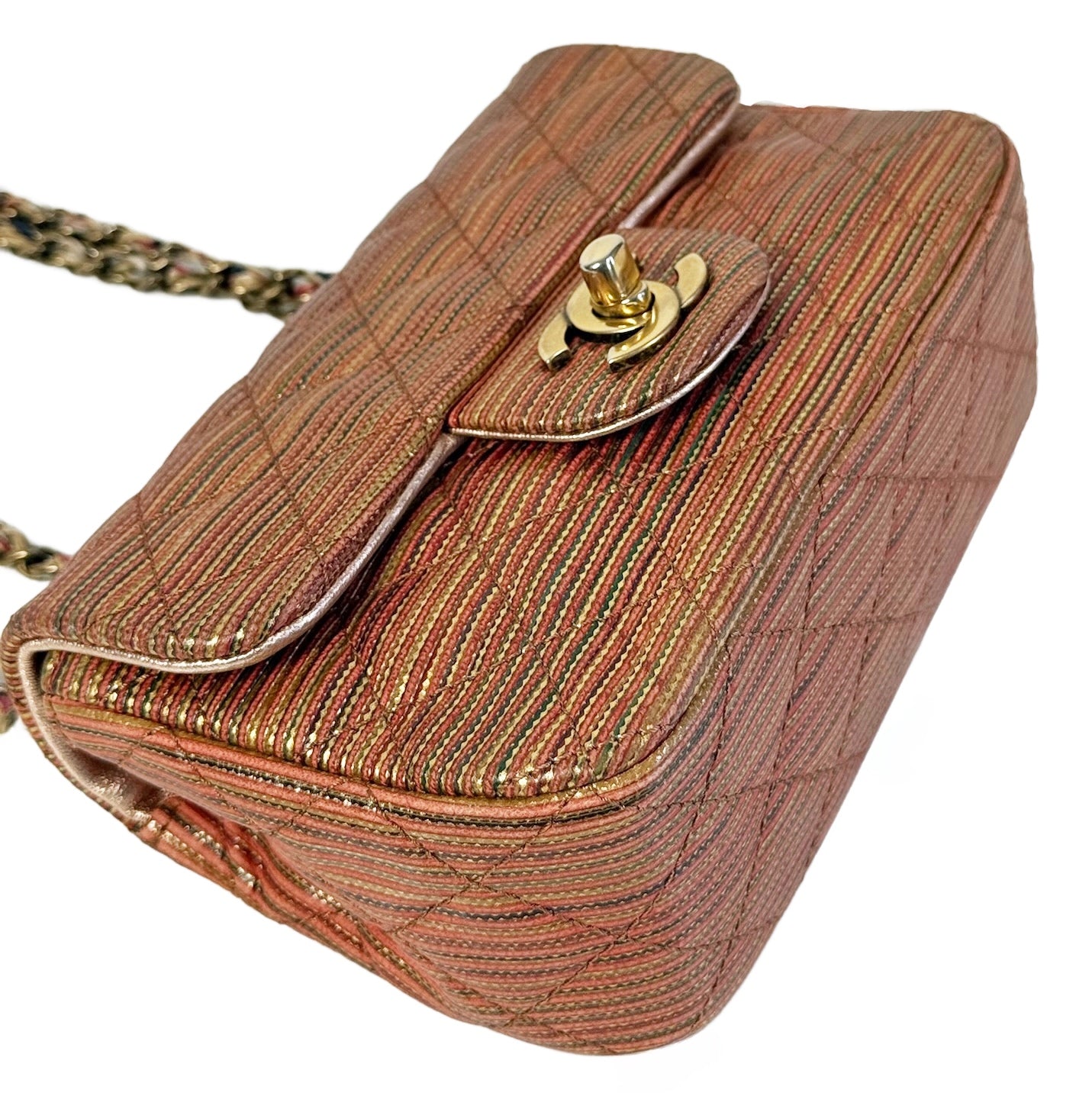 Chanel Orange Multicolor Striped Metallic Extra Mini Flap Bag w Aged Gold Hardware