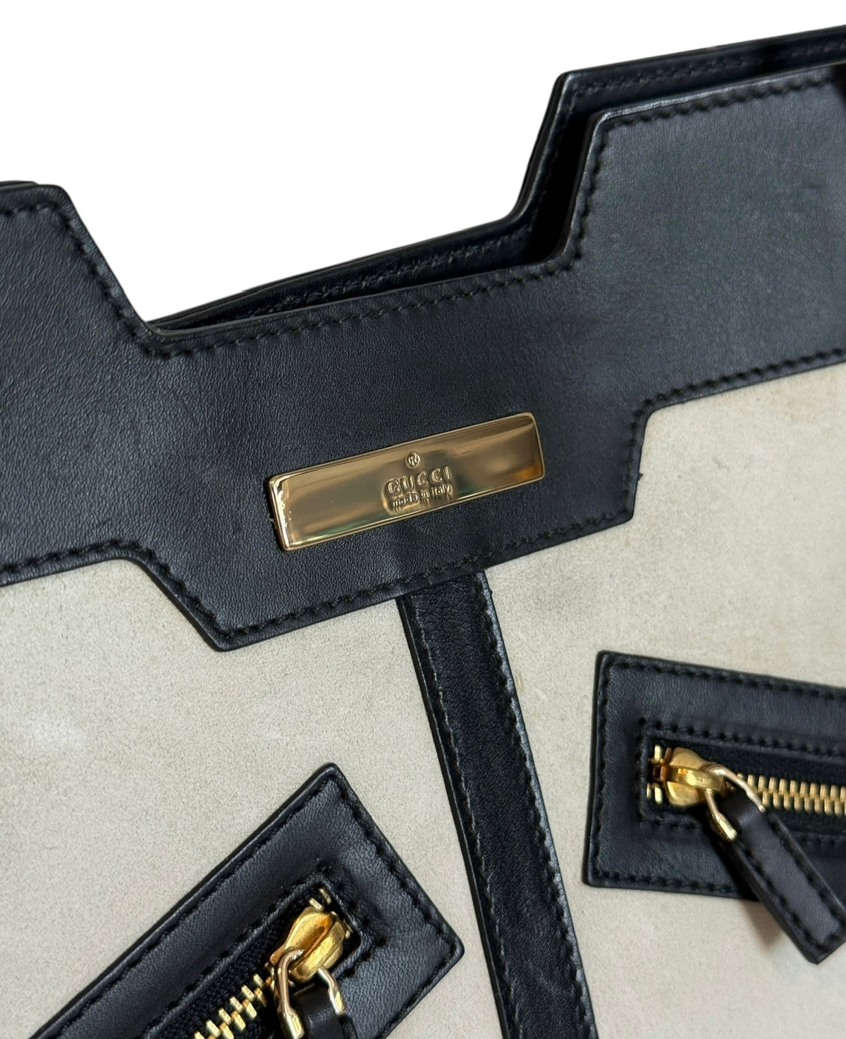 Gucci Vintage Beige Suede Black Leather Chain Link Medium Shoulder Tote Bag