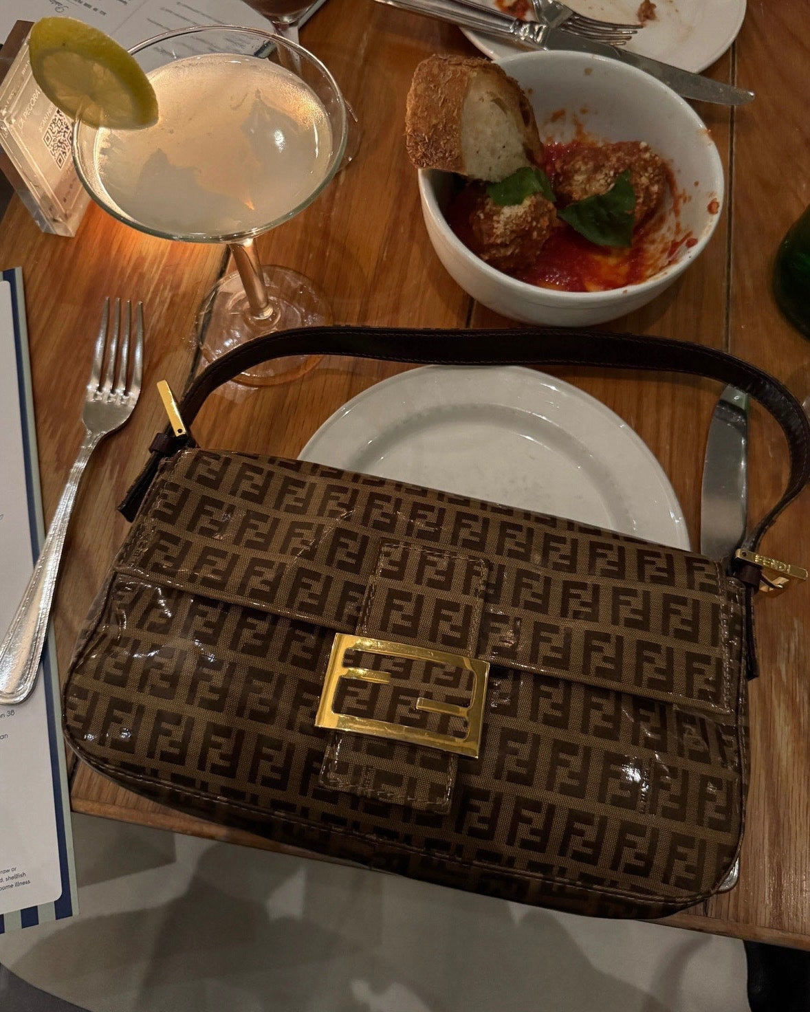 Fendi Vintage Coated Light Brown Zucchinno Zucca Monogram Shoulder Baguette Bag with Gold Enamel Logo