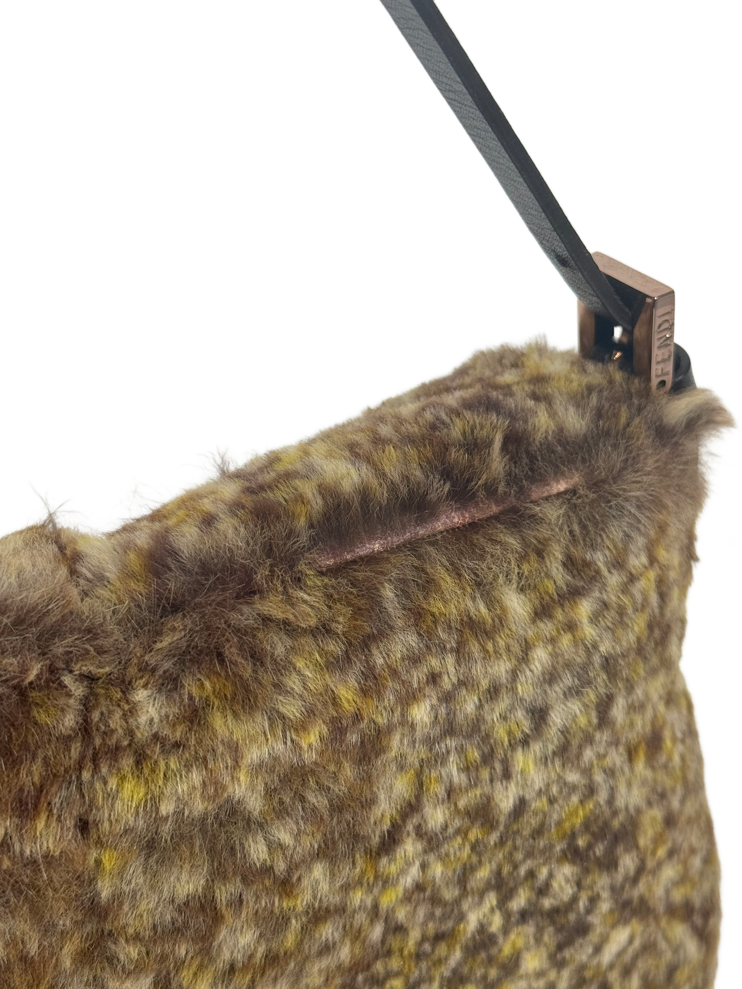 Fendi Vintage Brown Fur Double Flap Baguette Shoulder Bag with Rose Gold & Marble Hardware