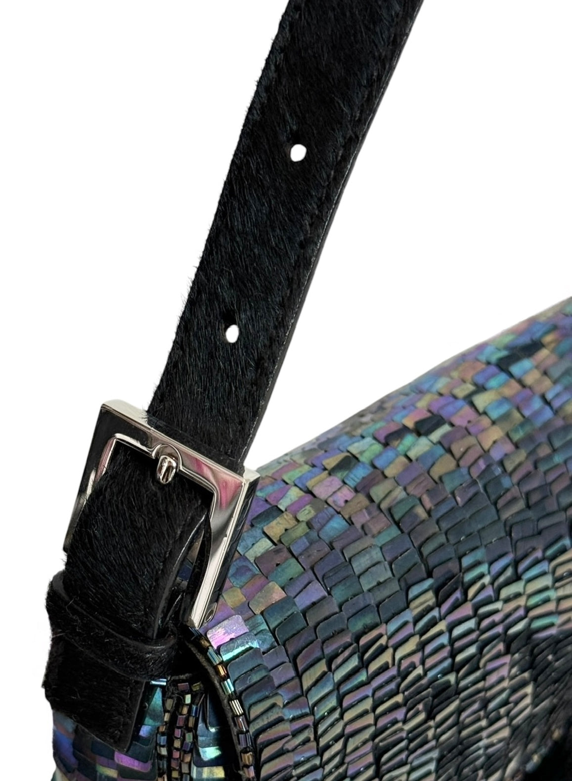 Fendi Vintage Iridescent Black Palliates Sequin Beaded Baguette with Pony Hair Trim