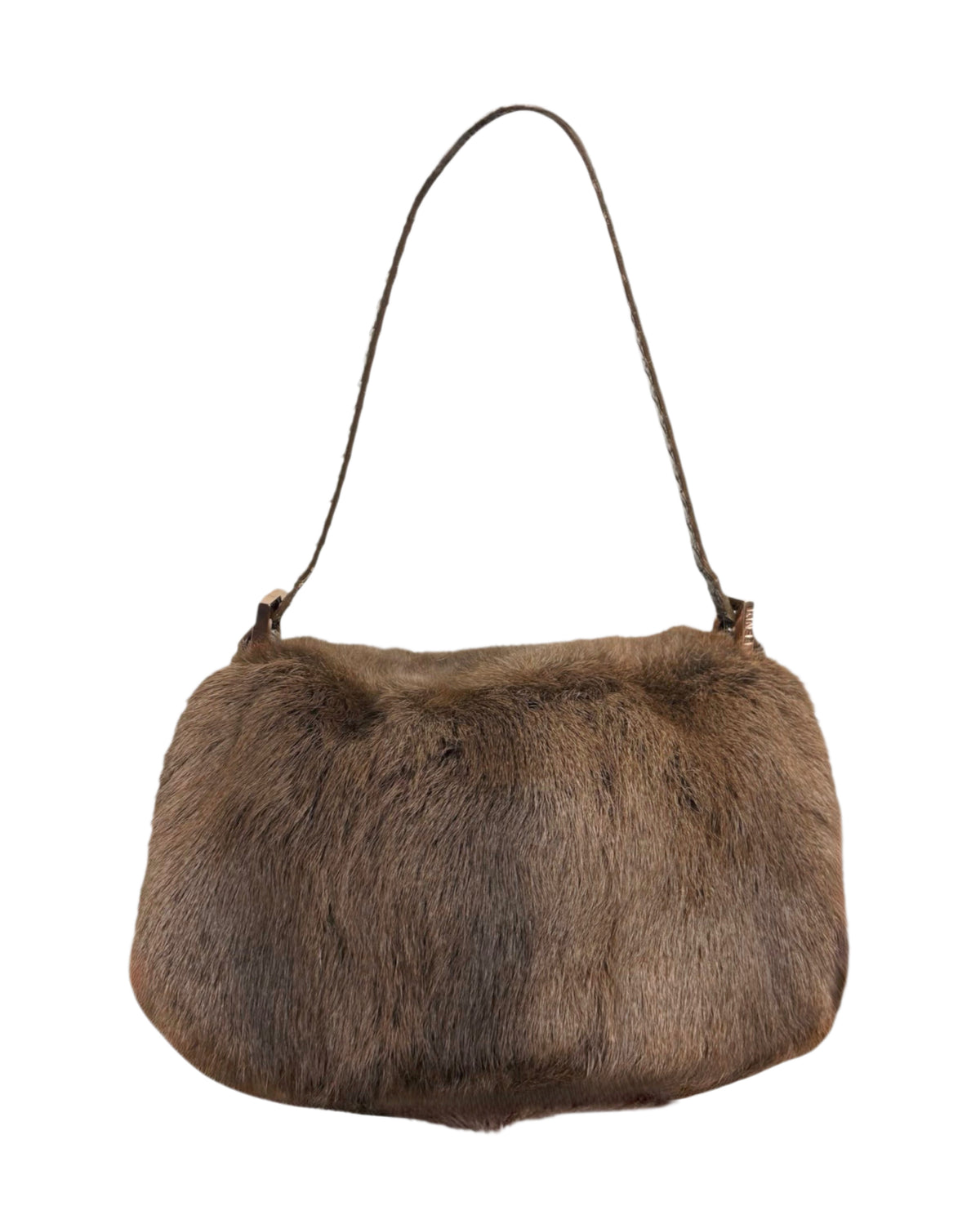 Fendi Vintage Brown Rabbit Fur Python Trim Mini Mamma Shoulder Baguette Bag