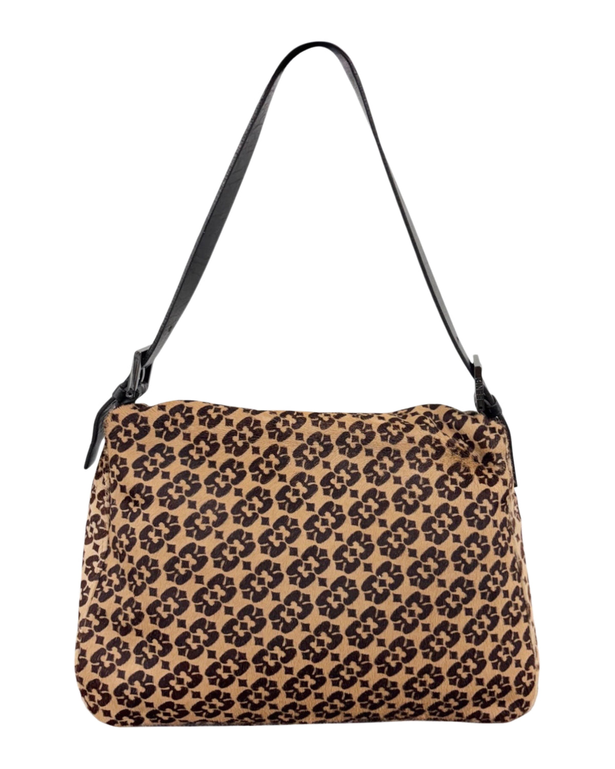 Fendi Vintage Light Beige Brown Geometric Print Pony Hair Shoulder Mamma Baguette Bag