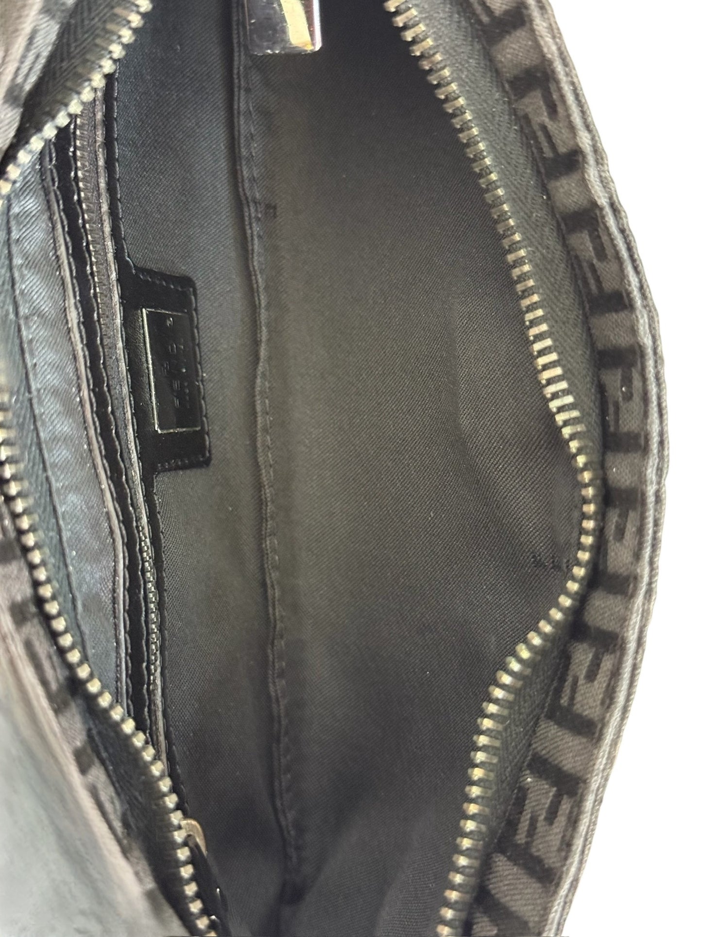 Fendi Vintage Black Zucchino Zucca Monogram Flat Pochette Shoulder Baguette Bag