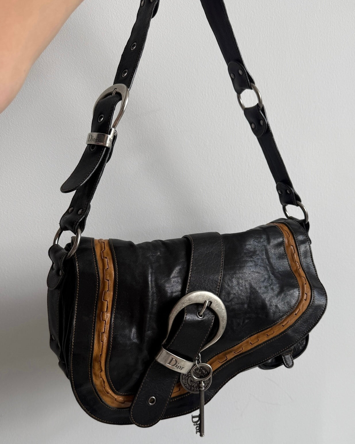 Dior by John Galliano Vintage 2006 Black & Brown Leather Small Gaucho Shoulder Saddle Messenger Bag
